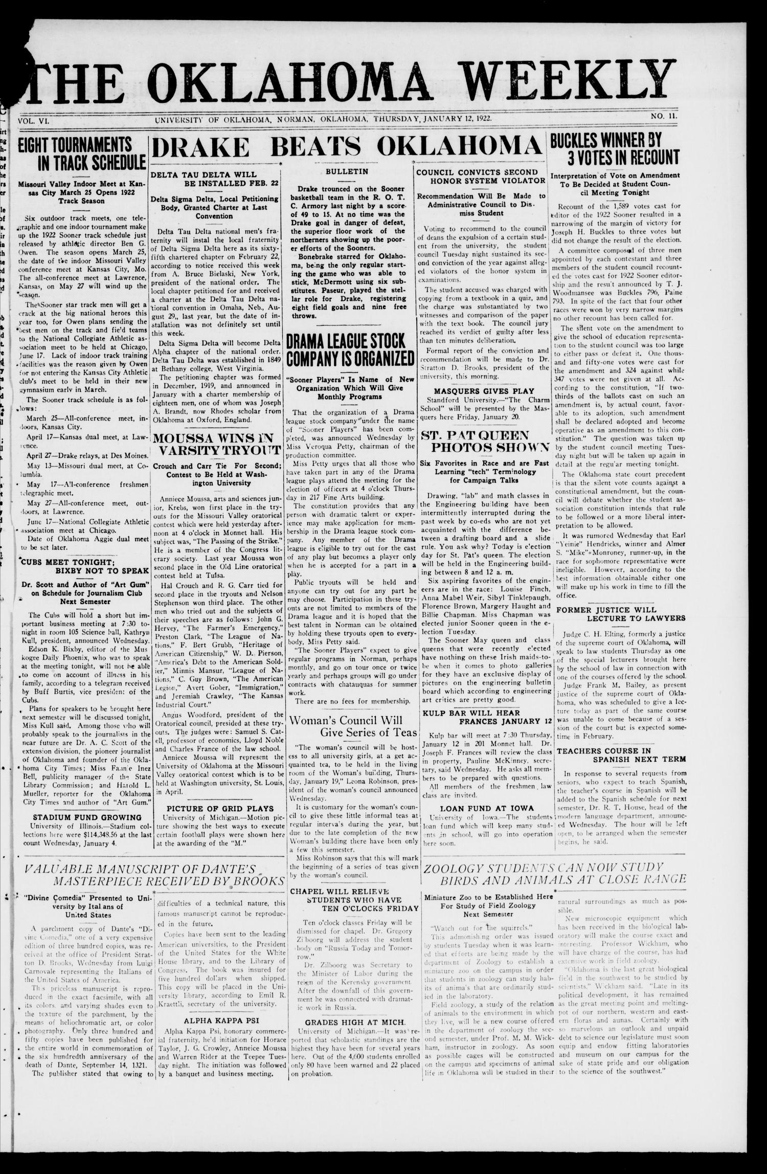 The Oklahoma Weekly (Norman, Okla.), Vol. 6, No. 11, Ed. 1 Thursday, January 12, 1922
                                                
                                                    [Sequence #]: 1 of 4
                                                