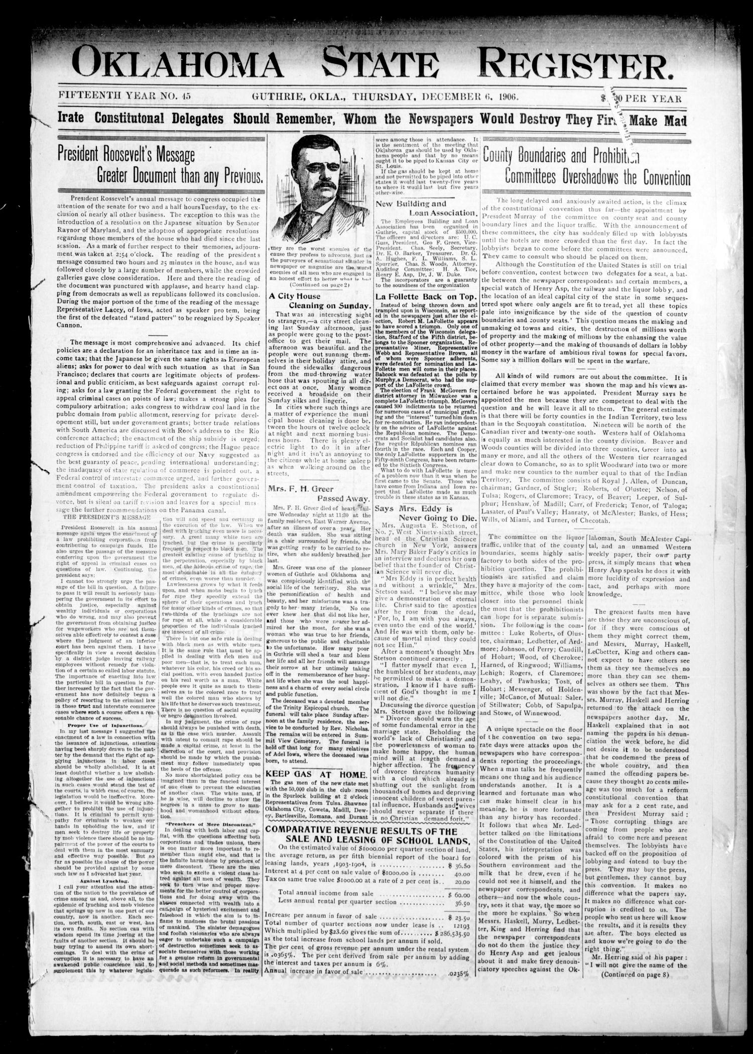 Oklahoma State Register. (Guthrie, Okla.), Vol. 15, No. 45, Ed. 1 Thursday, December 6, 1906
                                                
                                                    [Sequence #]: 1 of 8
                                                