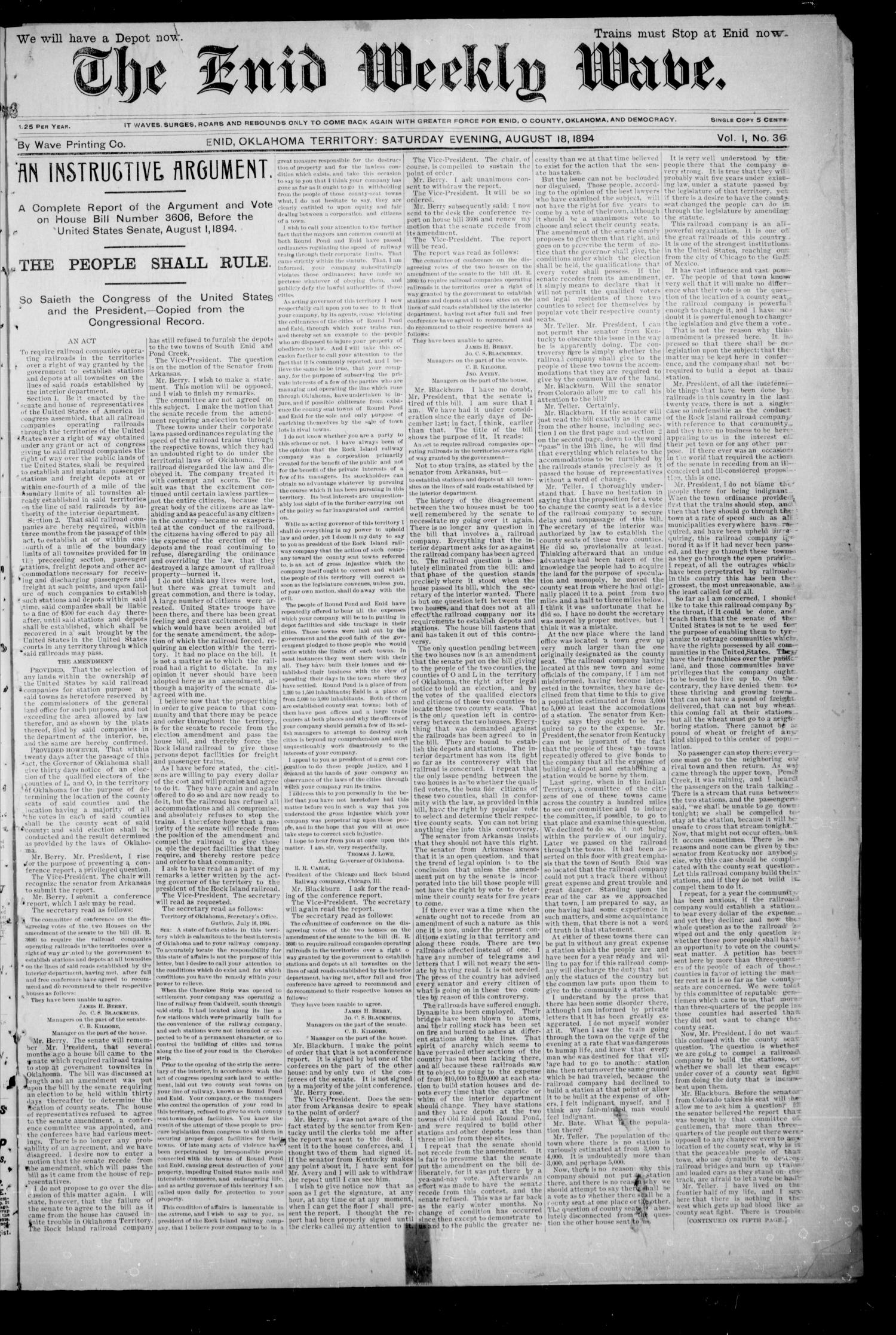 The Enid Weekly Wave. (Enid, Okla. Terr.), Vol. 1, No. 37, Ed. 1 Saturday, August 18, 1894
                                                
                                                    [Sequence #]: 1 of 8
                                                