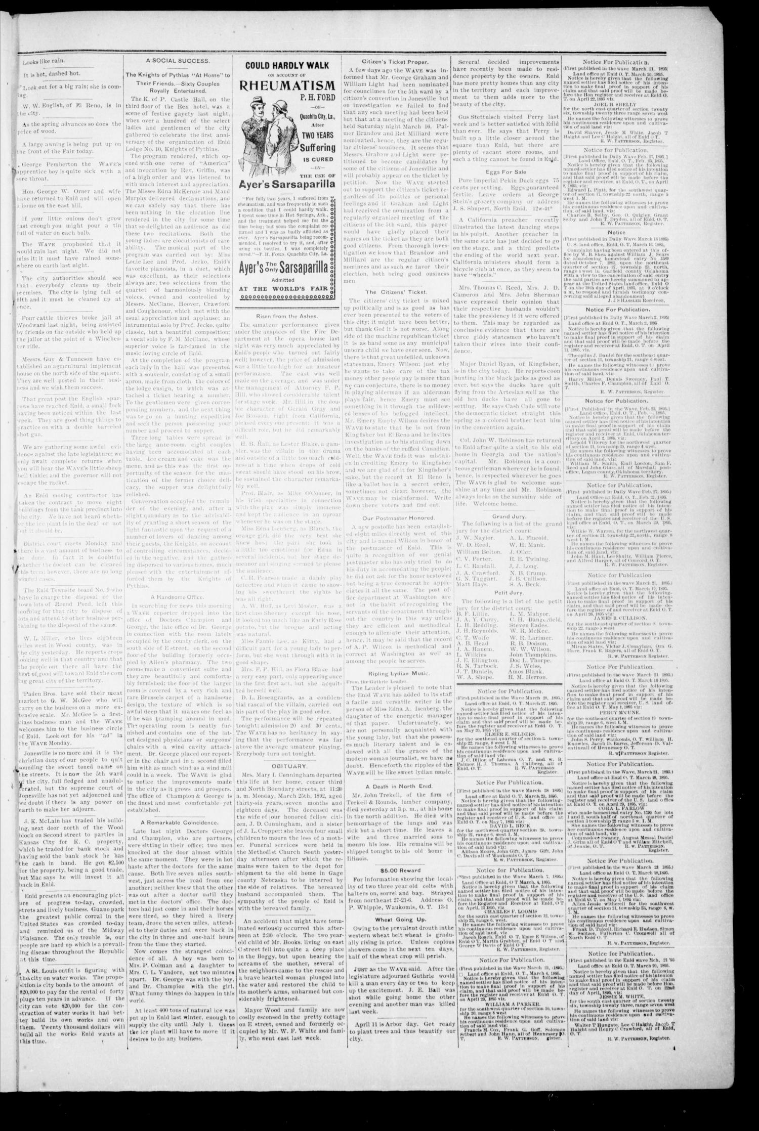 The Enid Weekly Wave. (Enid, Okla. Terr.), Vol. 2, No. 13, Ed. 1 Thursday, March 28, 1895
                                                
                                                    [Sequence #]: 5 of 8
                                                