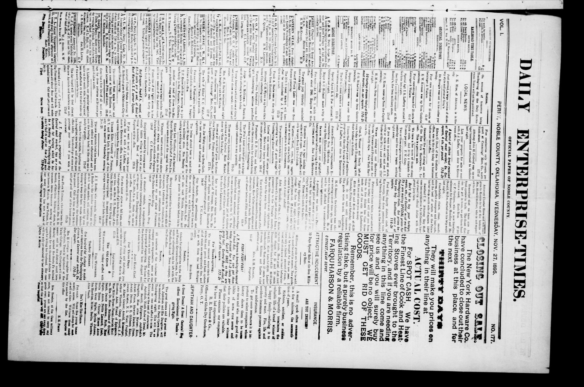 Daily Enterprise-Times. (Perry, Okla.), Vol. 1, No. 177, Ed. 1 Wednesday, November 27, 1895
                                                
                                                    [Sequence #]: 1 of 4
                                                