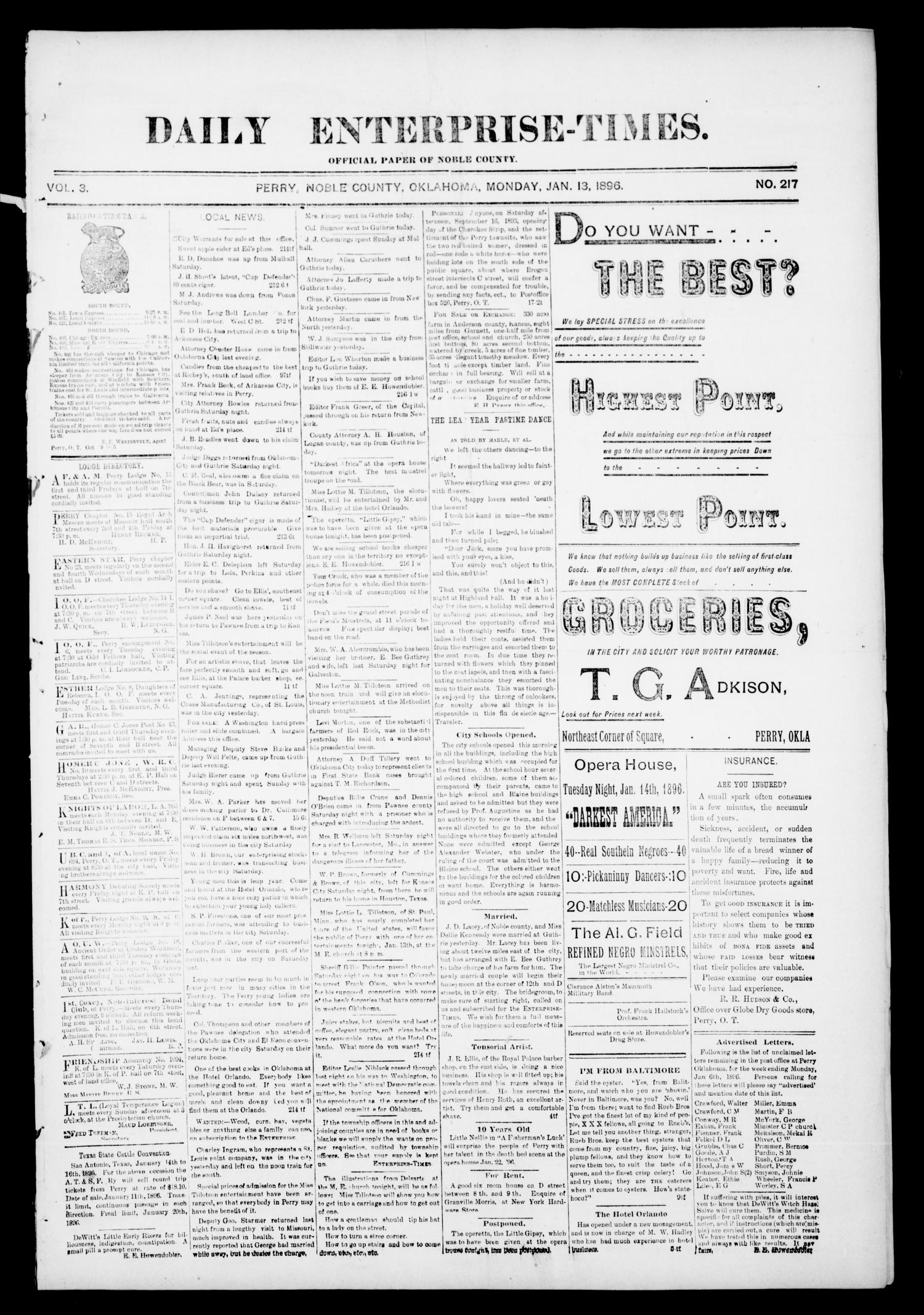 Daily Enterprise-Times. (Perry, Okla.), Vol. 1, No. 217, Ed. 1 Monday, January 13, 1896
                                                
                                                    [Sequence #]: 1 of 4
                                                