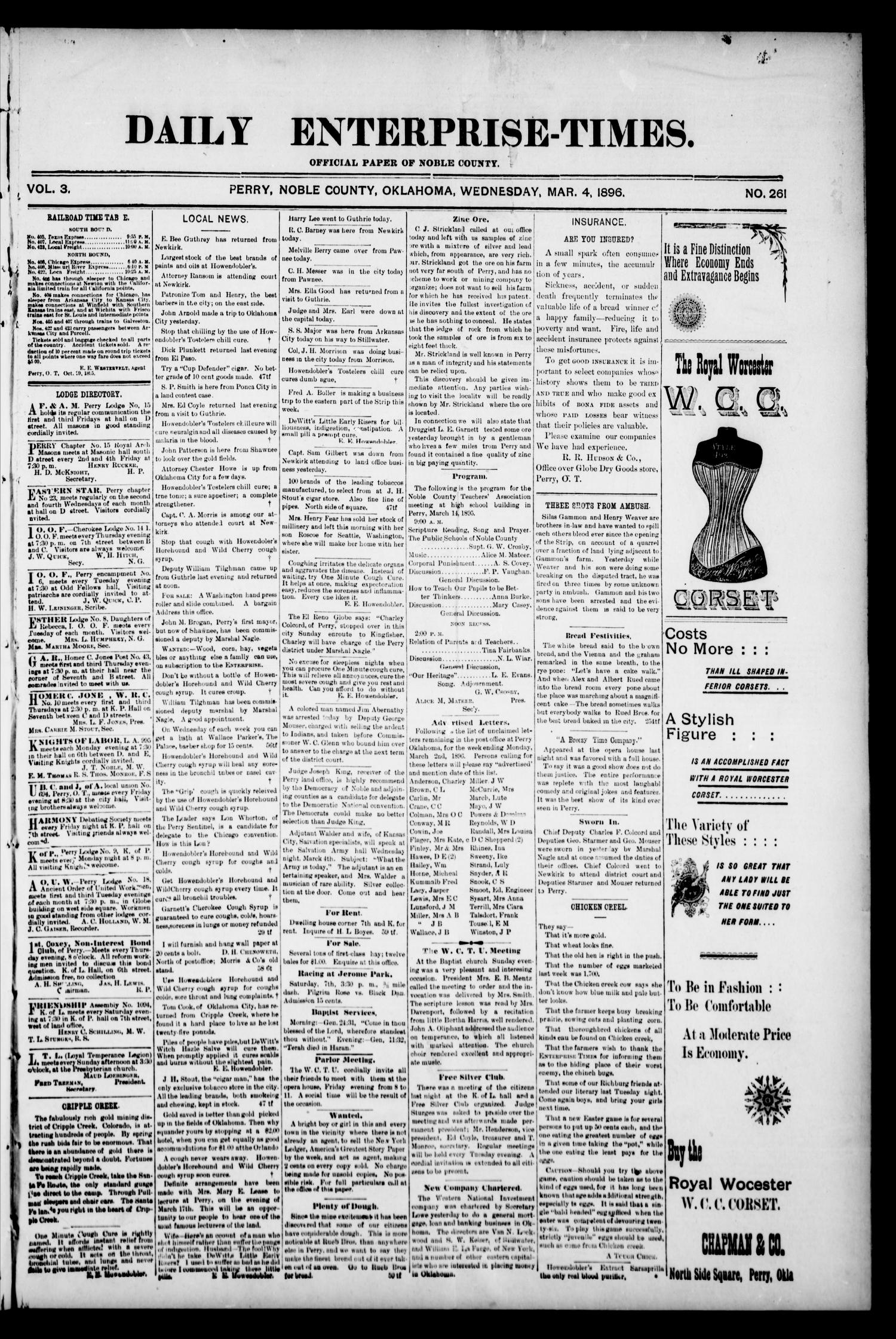 Daily Enterprise-Times. (Perry, Okla.), Vol. 3, No. 261, Ed. 1 Wednesday, March 4, 1896
                                                
                                                    [Sequence #]: 1 of 4
                                                