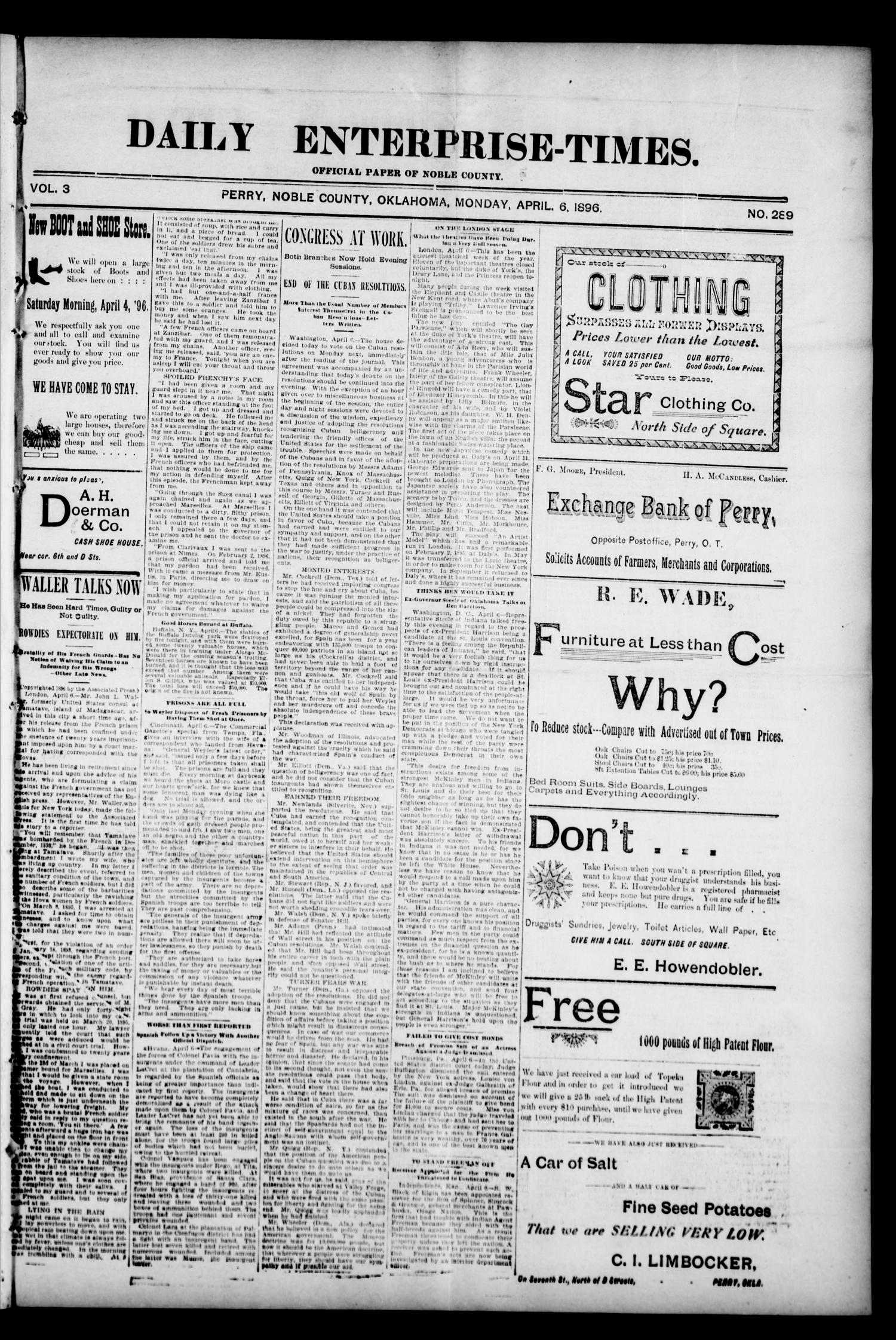 Daily Enterprise-Times. (Perry, Okla.), Vol. 3, No. 289, Ed. 1 Monday, April 6, 1896
                                                
                                                    [Sequence #]: 1 of 4
                                                