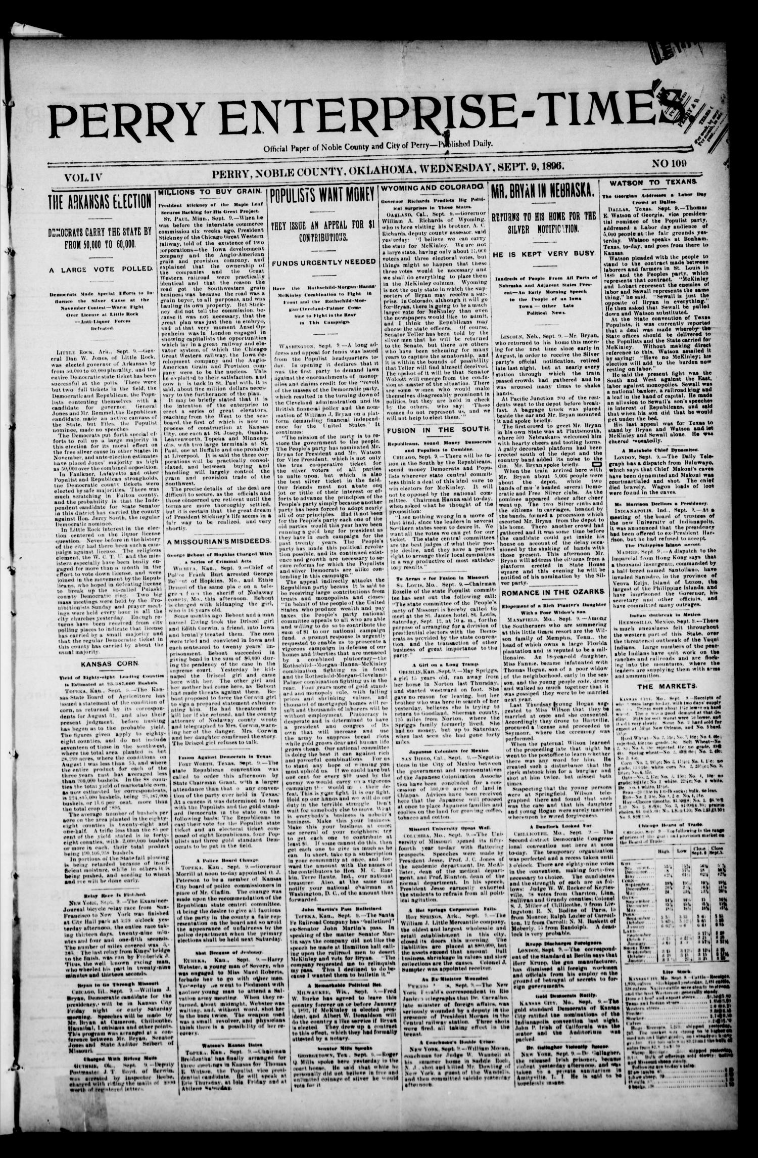 Perry Enterprise-Times. (Perry, Okla.), Vol. 4, No. 109, Ed. 1 Wednesday, September 9, 1896
                                                
                                                    [Sequence #]: 1 of 4
                                                