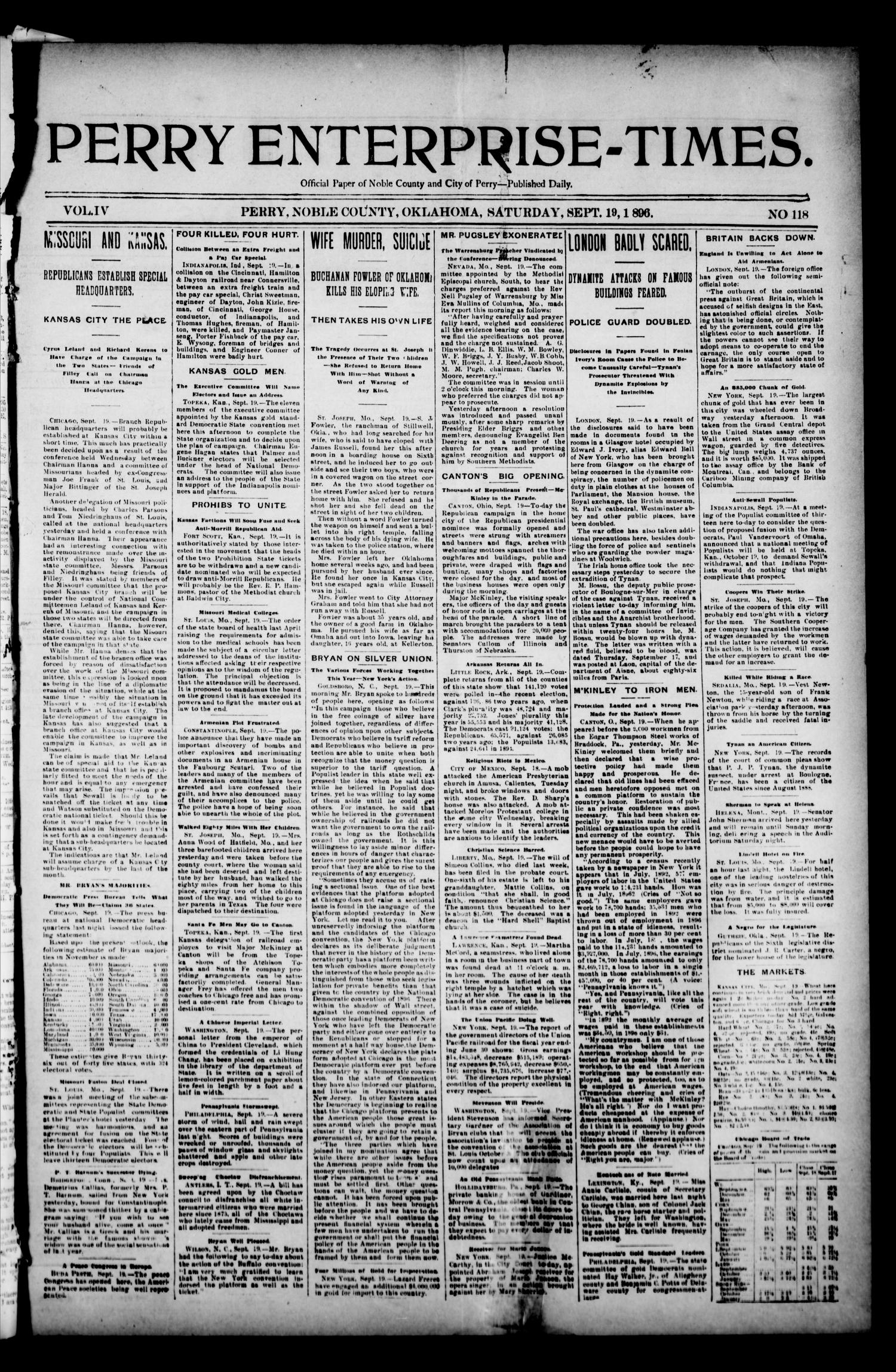 Perry Enterprise-Times. (Perry, Okla.), Vol. 4, No. 117, Ed. 1 Saturday, September 19, 1896
                                                
                                                    [Sequence #]: 1 of 4
                                                