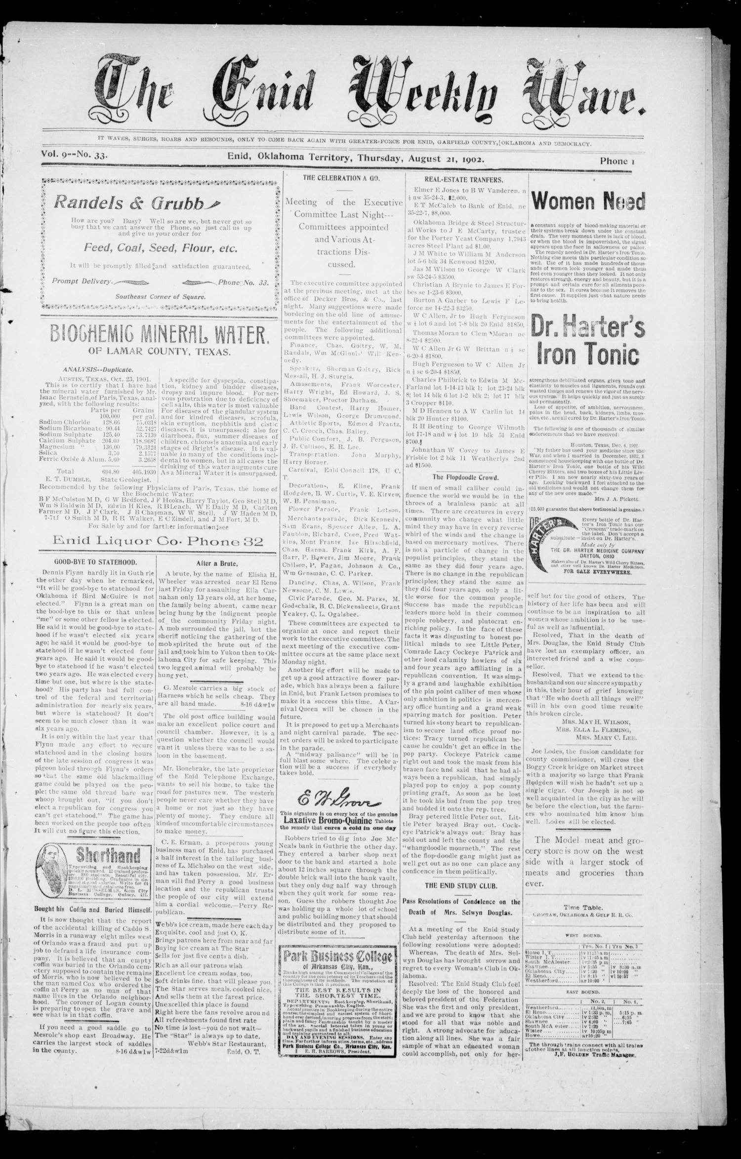 The Enid Weekly Wave. (Enid, Okla. Terr.), Vol. 9, No. 33, Ed. 1 Thursday, August 21, 1902
                                                
                                                    [Sequence #]: 1 of 8
                                                