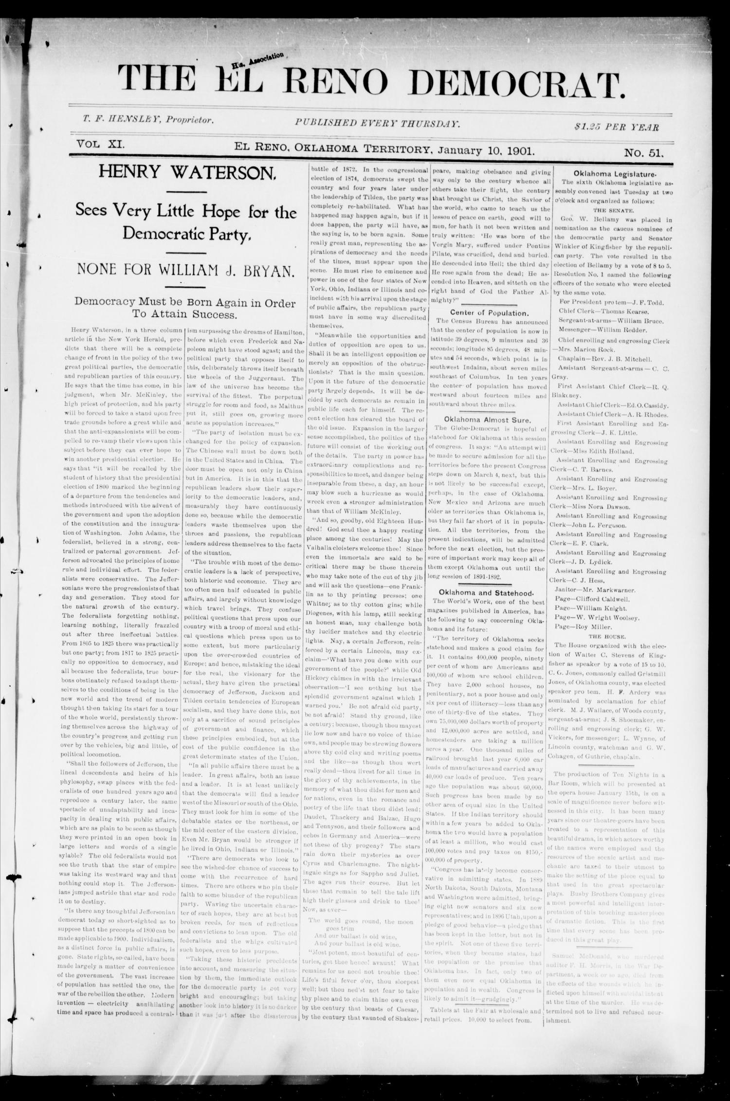 The El Reno Democrat. (El Reno, Okla. Terr.), Vol. 6, No. 51, Ed. 1 Thursday, January 10, 1901
                                                
                                                    [Sequence #]: 1 of 8
                                                
