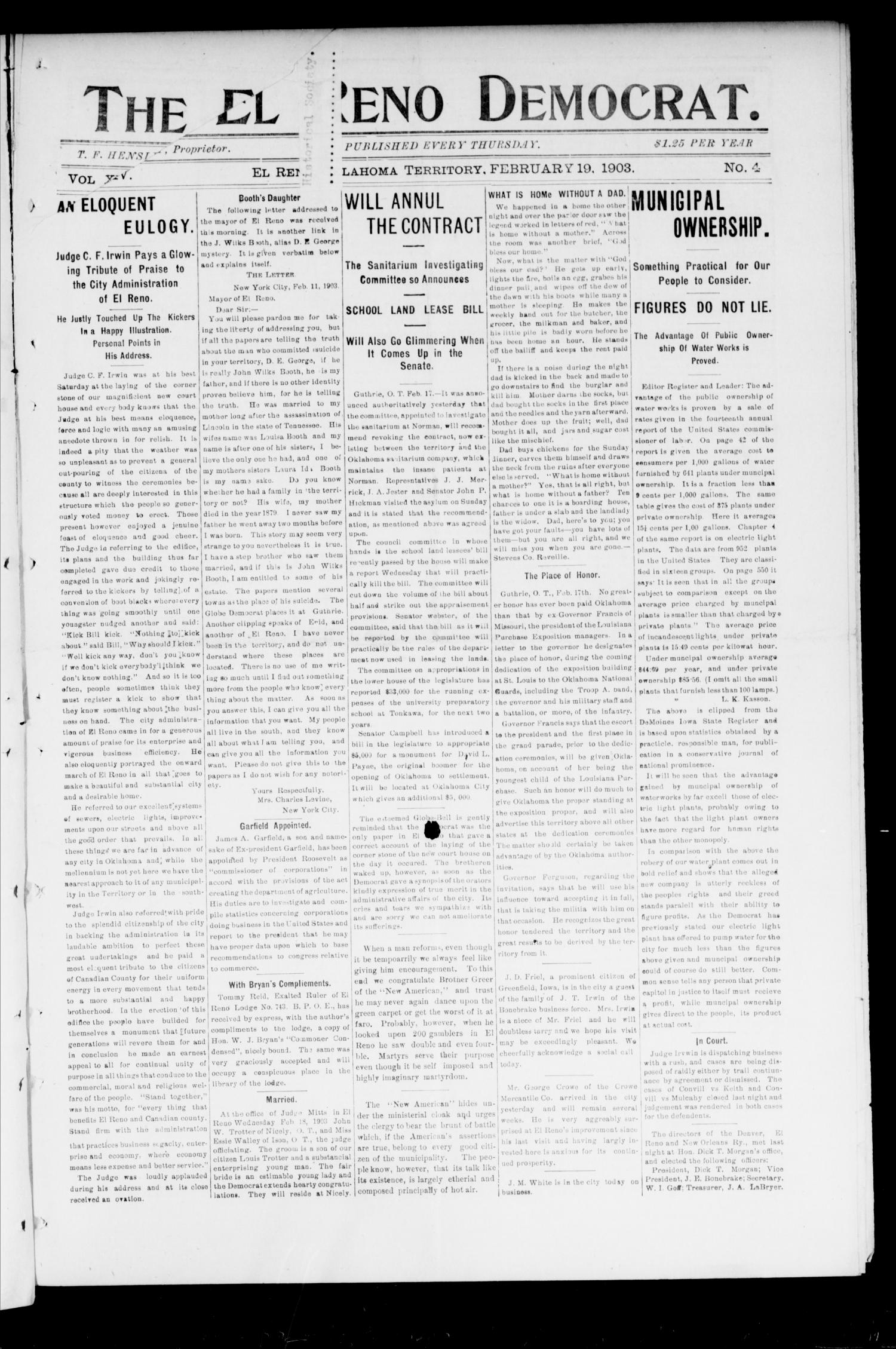 The El Reno Democrat. (El Reno, Okla. Terr.), No. 4, Ed. 1 Thursday, February 19, 1903
                                                
                                                    [Sequence #]: 1 of 8
                                                