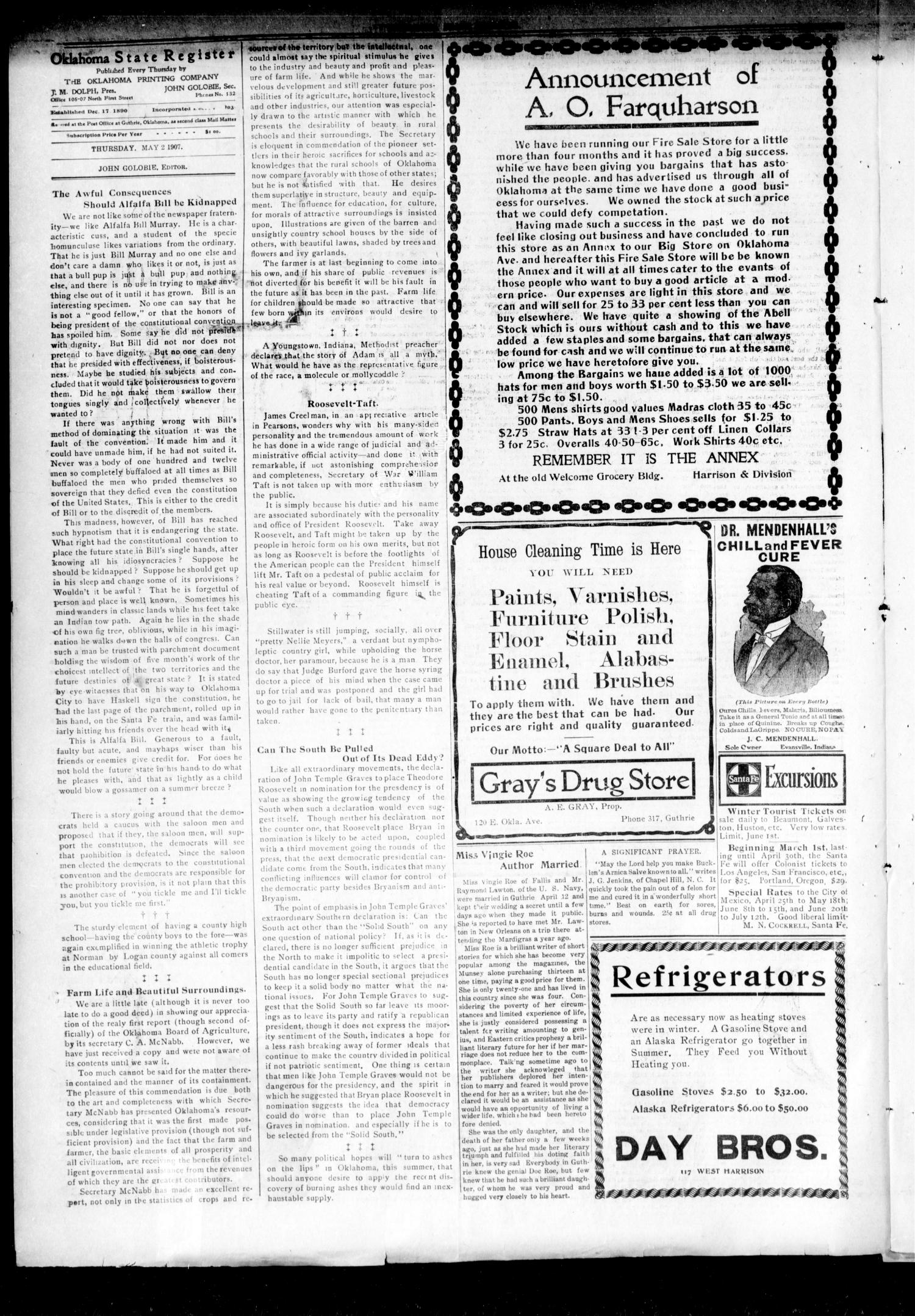 Oklahoma State Register. (Guthrie, Okla.), Vol. 16, No. 14, Ed. 1 Thursday, May 2, 1907
                                                
                                                    [Sequence #]: 4 of 8
                                                