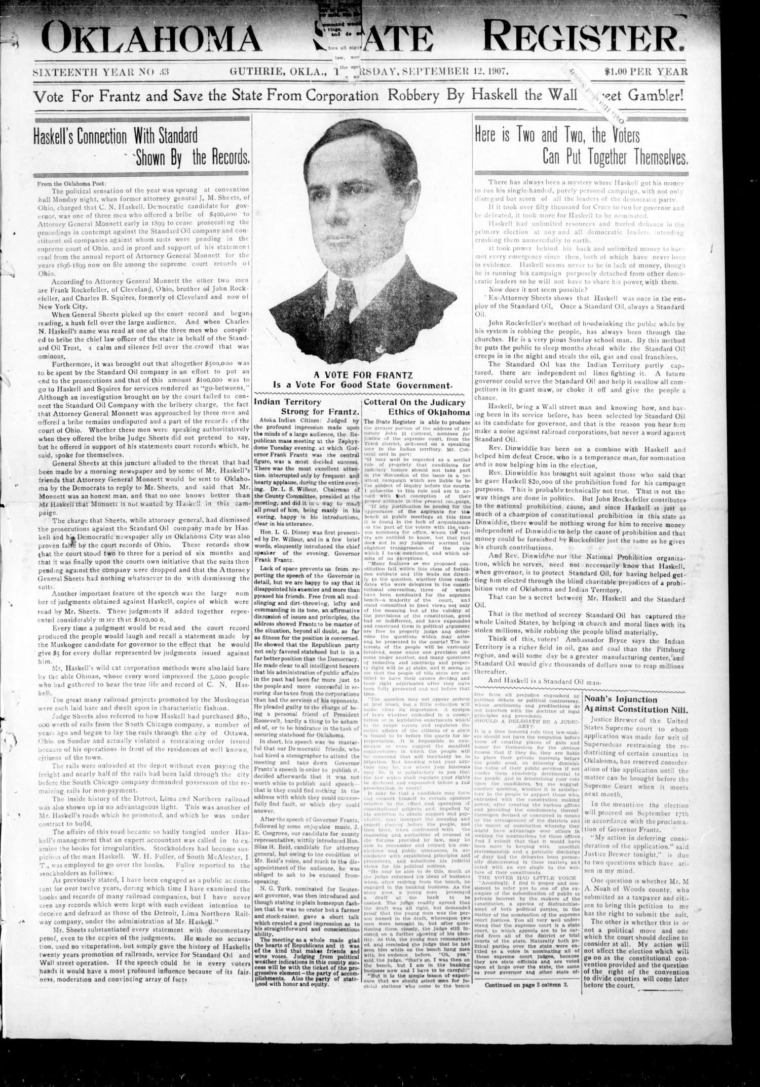 Oklahoma State Register. (Guthrie, Okla.), Vol. 16, No. 33, Ed. 1 Thursday, September 12, 1907
                                                
                                                    [Sequence #]: 1 of 8
                                                