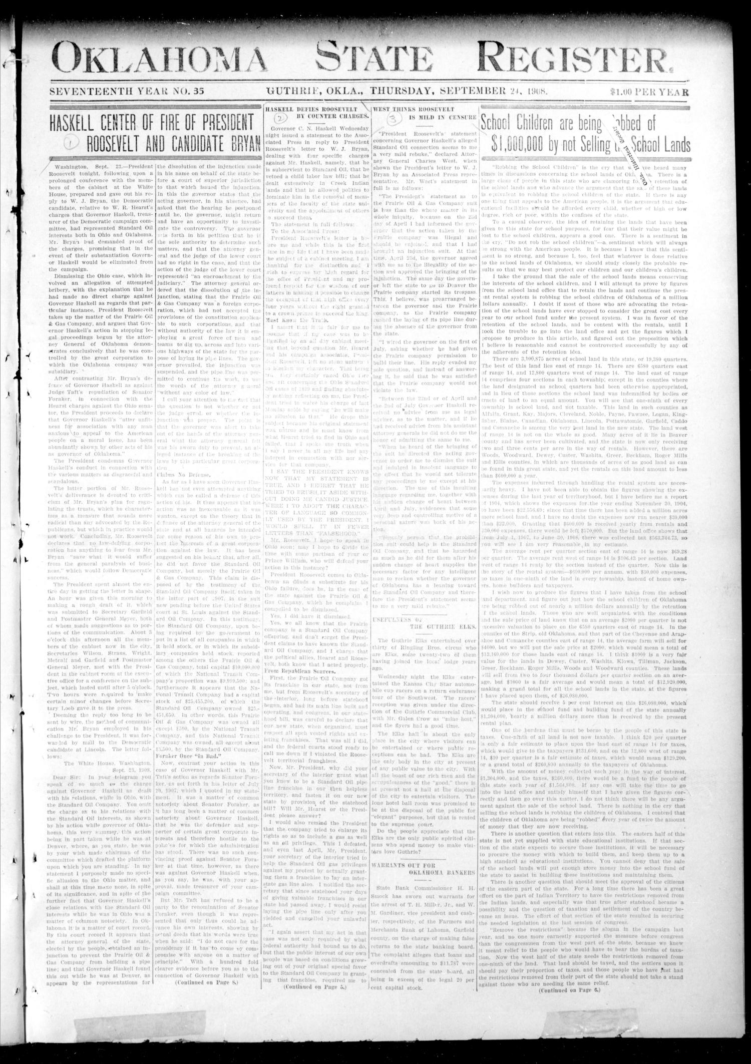Oklahoma State Register. (Guthrie, Okla.), Vol. 17, No. 35, Ed. 1 Thursday, September 24, 1908
                                                
                                                    [Sequence #]: 1 of 8
                                                