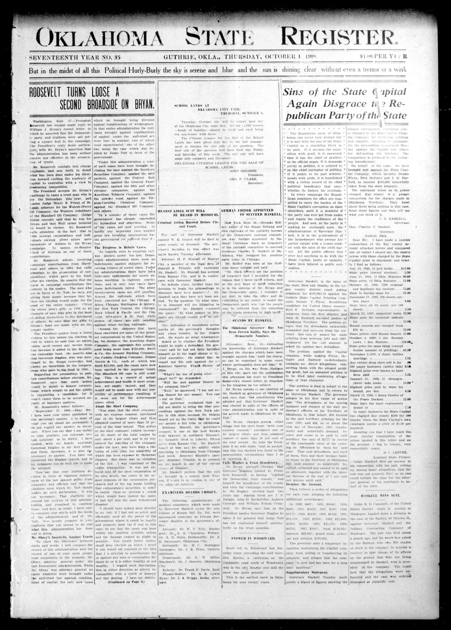 Oklahoma State Register. (Guthrie, Okla.), Vol. 17, No. 35, Ed. 1 Thursday, October 1, 1908
                                                
                                                    [Sequence #]: 1 of 8
                                                