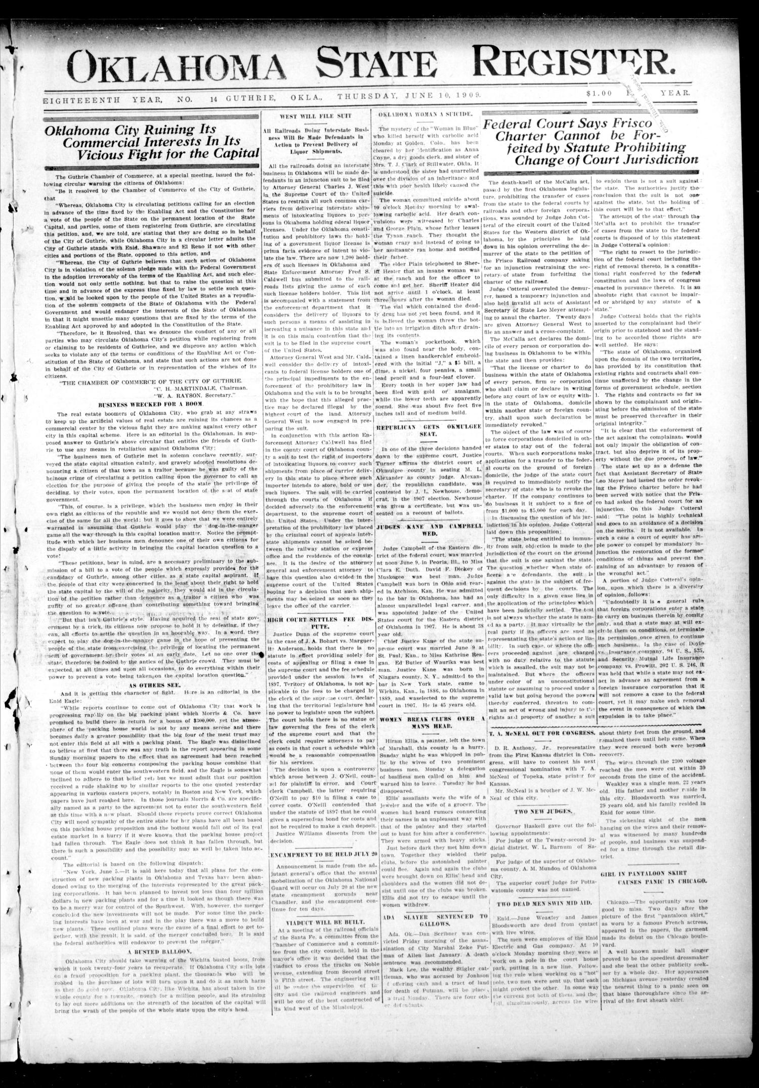 Oklahoma State Register. (Guthrie, Okla.), Vol. 18, No. 14, Ed. 1 Thursday, June 10, 1909
                                                
                                                    [Sequence #]: 1 of 8
                                                