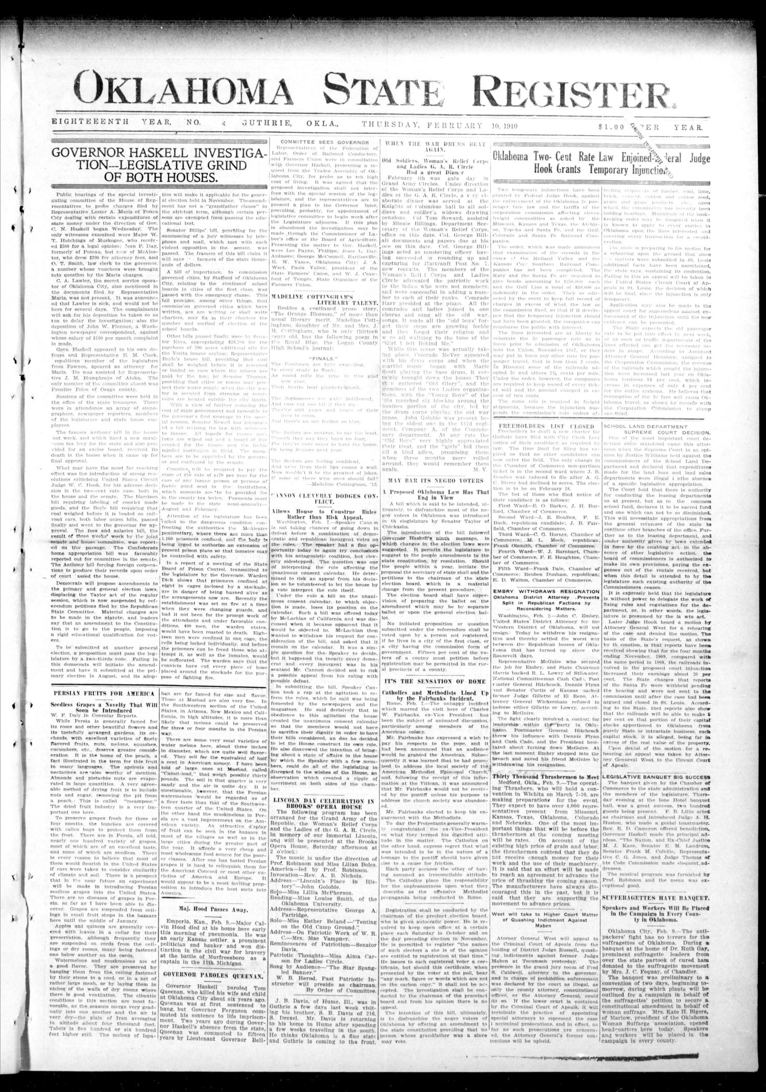 Oklahoma State Register. (Guthrie, Okla.), Vol. 18, No. 47, Ed. 1 Thursday, February 10, 1910
                                                
                                                    [Sequence #]: 1 of 8
                                                