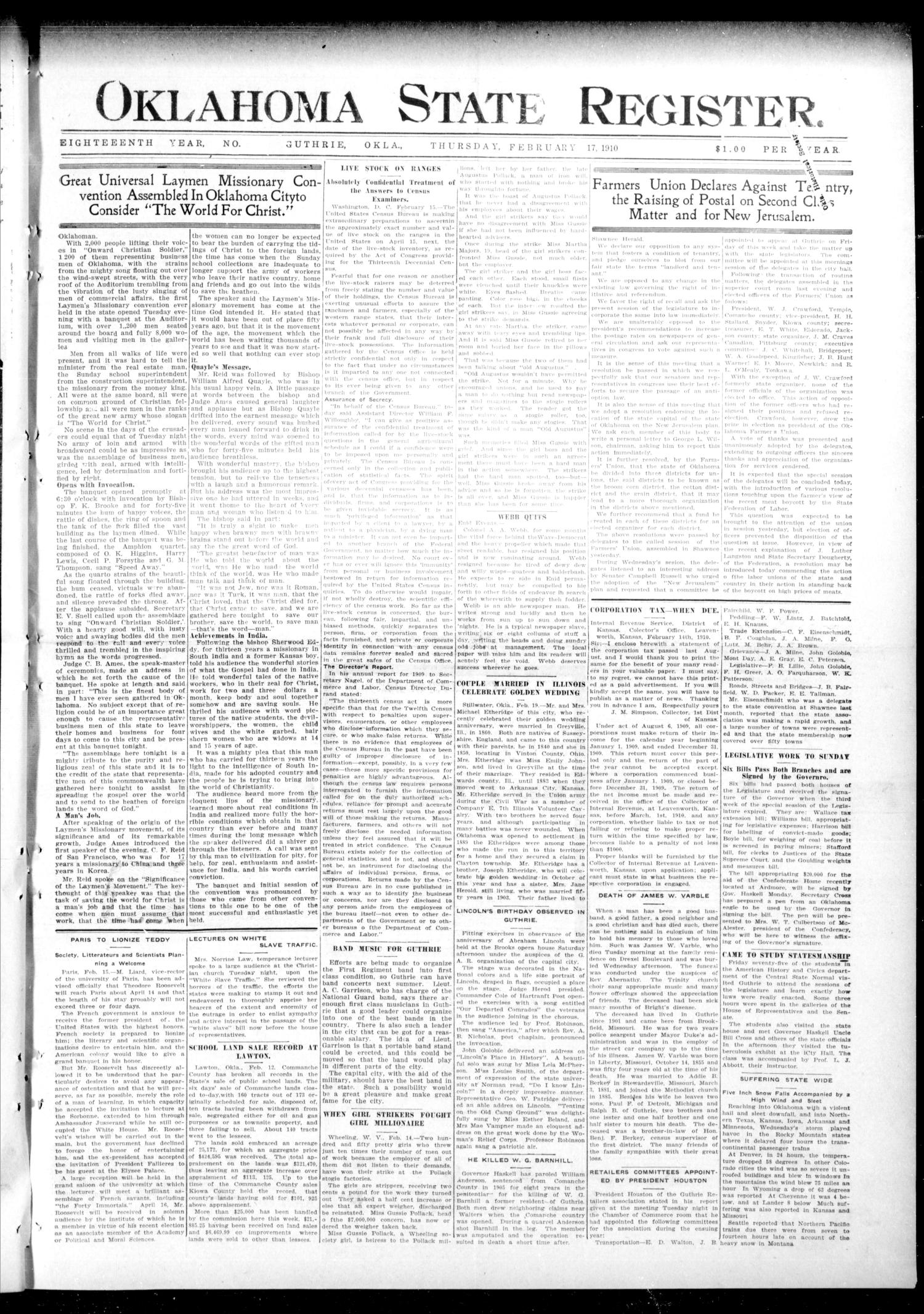 Oklahoma State Register. (Guthrie, Okla.), Vol. 18, No. 48, Ed. 1 Thursday, February 17, 1910
                                                
                                                    [Sequence #]: 1 of 8
                                                