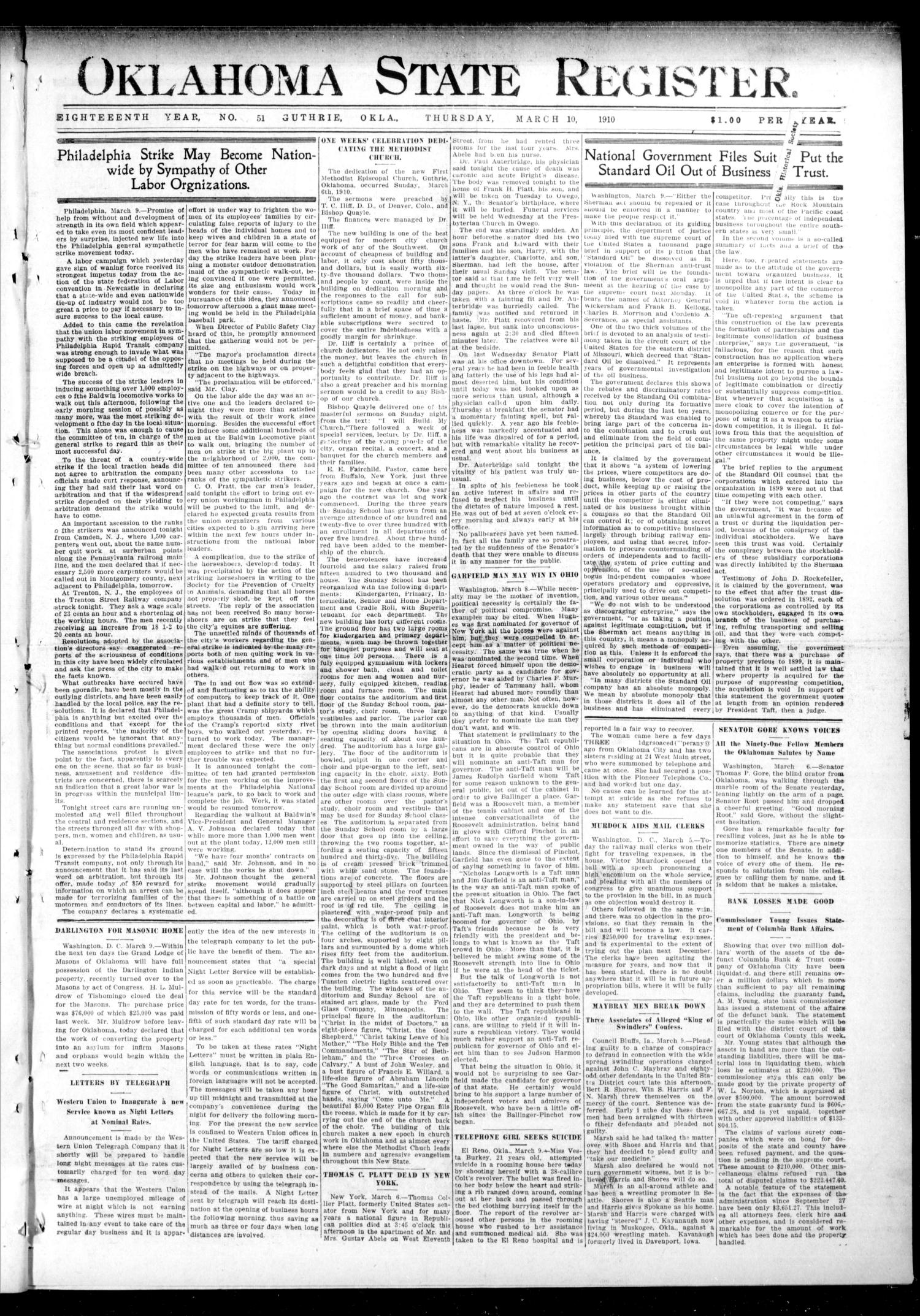 Oklahoma State Register. (Guthrie, Okla.), Vol. 18, No. 51, Ed. 1 Thursday, March 10, 1910
                                                
                                                    [Sequence #]: 1 of 8
                                                