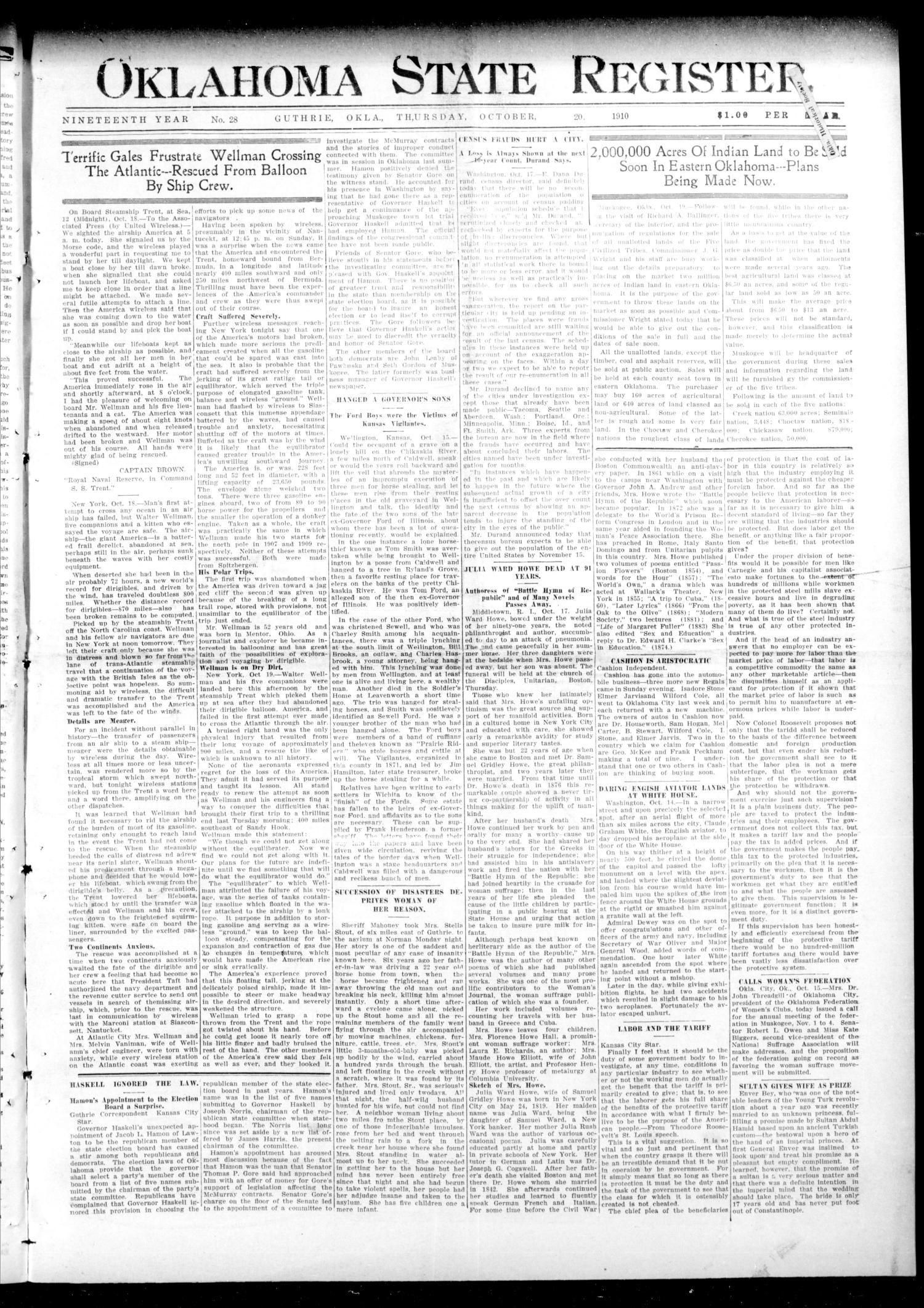 Oklahoma State Register. (Guthrie, Okla.), Vol. 19, No. 28, Ed. 1 Thursday, October 20, 1910
                                                
                                                    [Sequence #]: 1 of 8
                                                