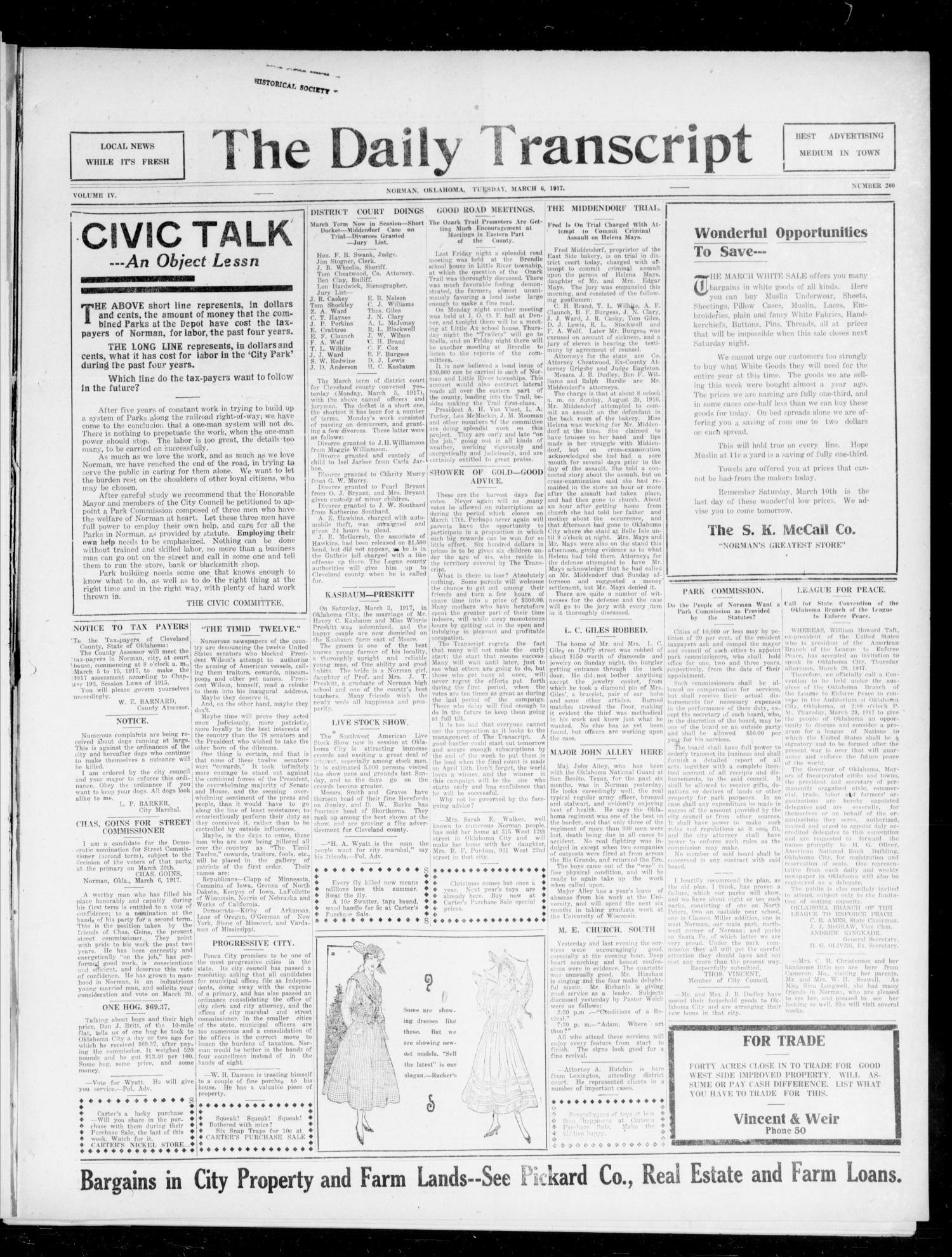 The Daily Transcript  (Norman, Okla.), Vol. 4, No. 200, Ed. 1 Tuesday, March 6, 1917
                                                
                                                    [Sequence #]: 1 of 4
                                                