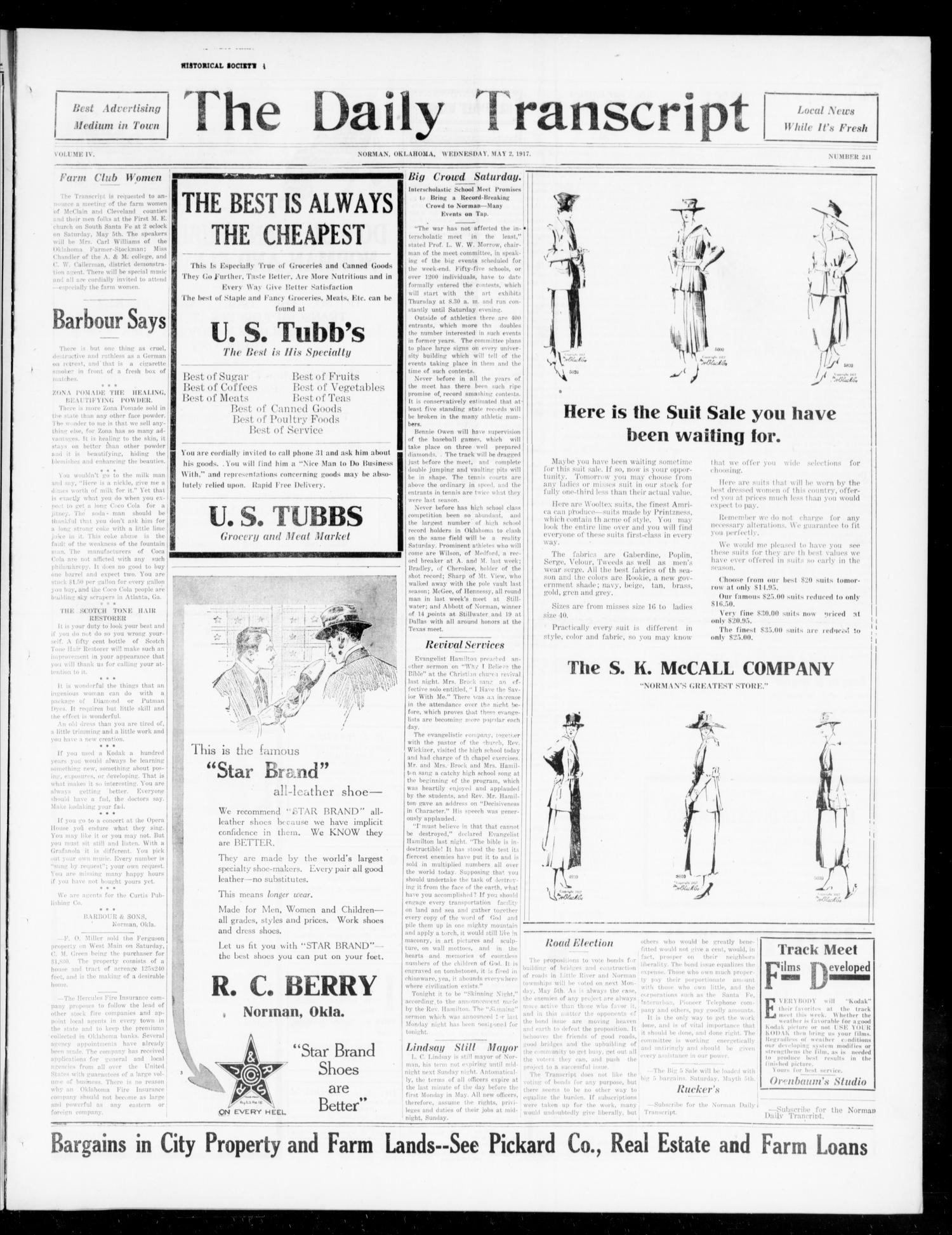 The Daily Transcript  (Norman, Okla.), Vol. 4, No. 241, Ed. 1 Wednesday, May 2, 1917
                                                
                                                    [Sequence #]: 1 of 4
                                                