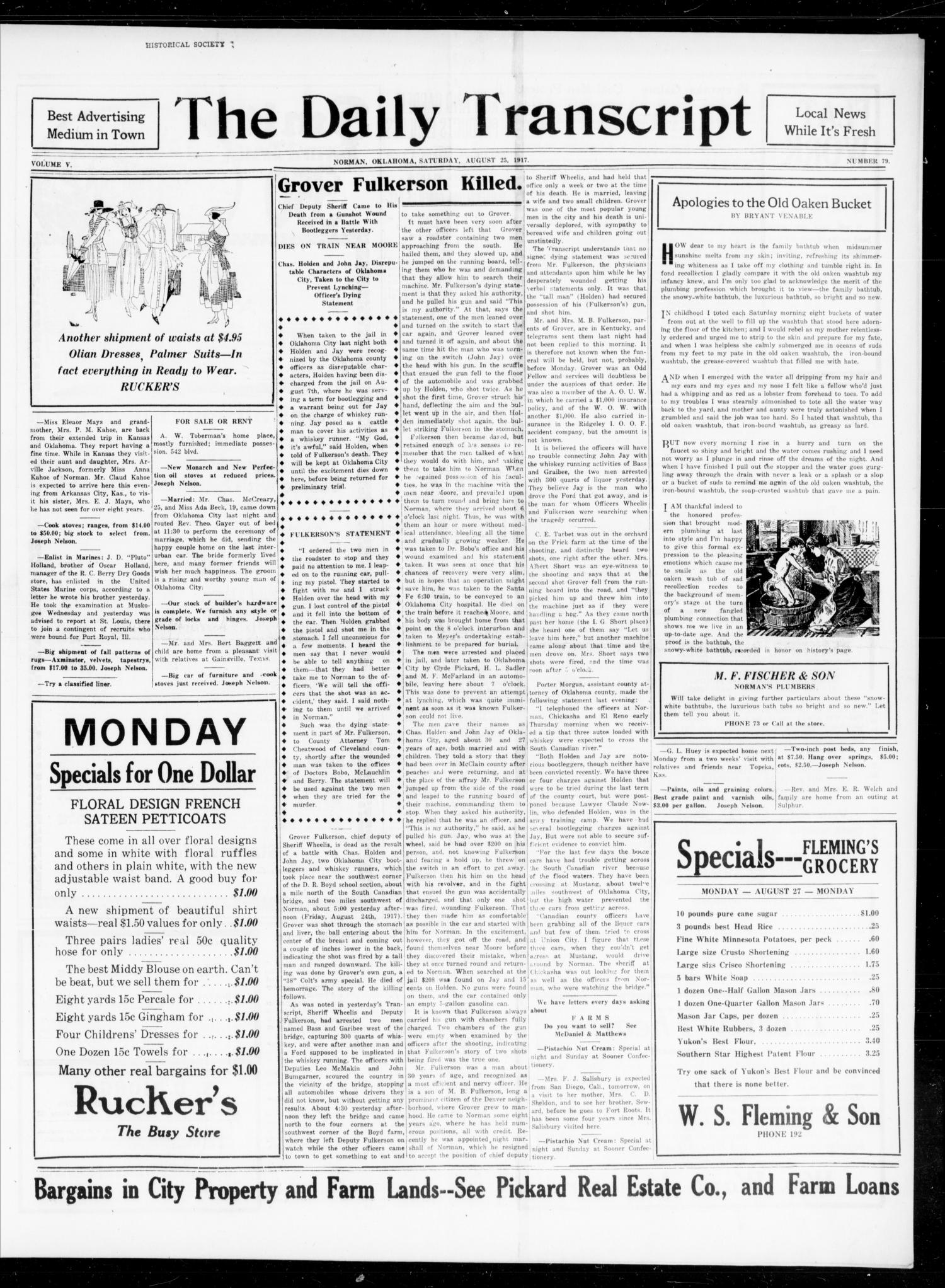 The Daily Transcript  (Norman, Okla.), Vol. 5, No. 79, Ed. 1 Saturday, August 25, 1917
                                                
                                                    [Sequence #]: 1 of 4
                                                