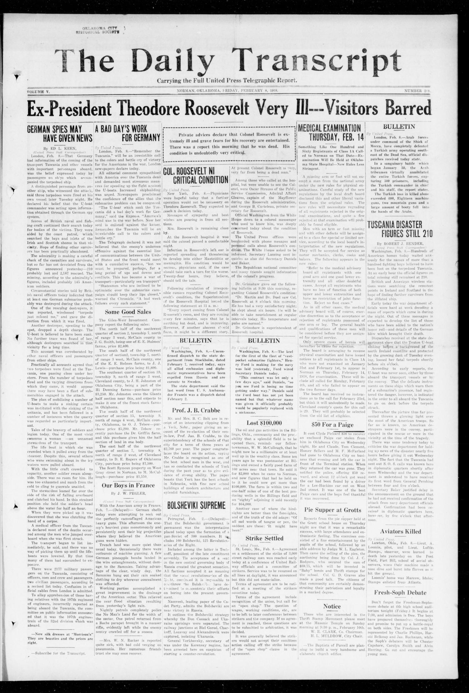 The Daily Transcript  (Norman, Okla.), Vol. 5, No. 208, Ed. 1 Friday, February 8, 1918
                                                
                                                    [Sequence #]: 1 of 4
                                                