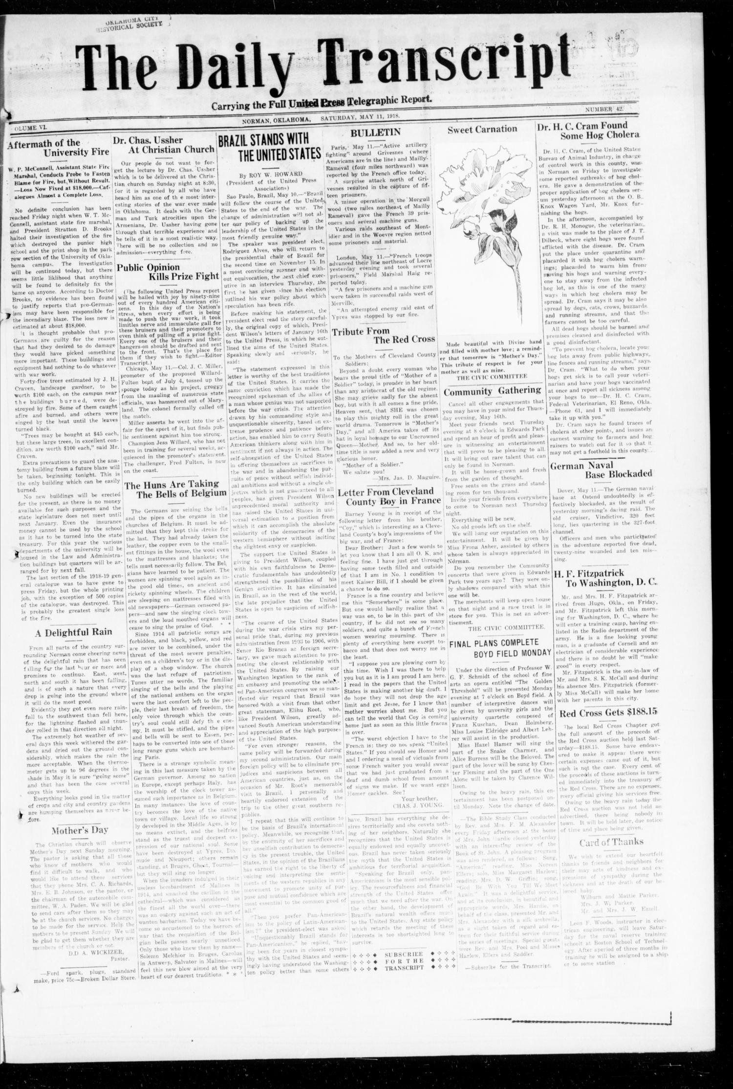 The Daily Transcript  (Norman, Okla.), Vol. 6, No. 42, Ed. 1 Saturday, May 11, 1918
                                                
                                                    [Sequence #]: 1 of 4
                                                