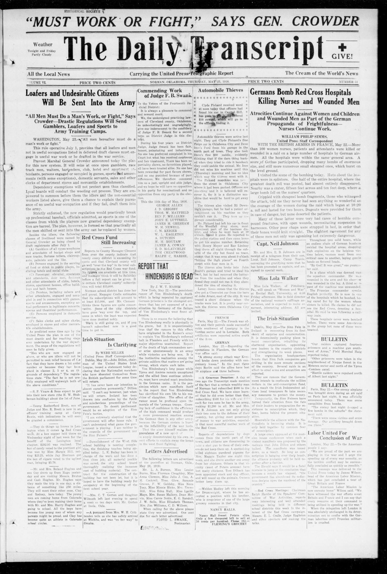 The Daily Transcript  (Norman, Okla.), Vol. 6, No. 51, Ed. 1 Thursday, May 23, 1918
                                                
                                                    [Sequence #]: 1 of 4
                                                