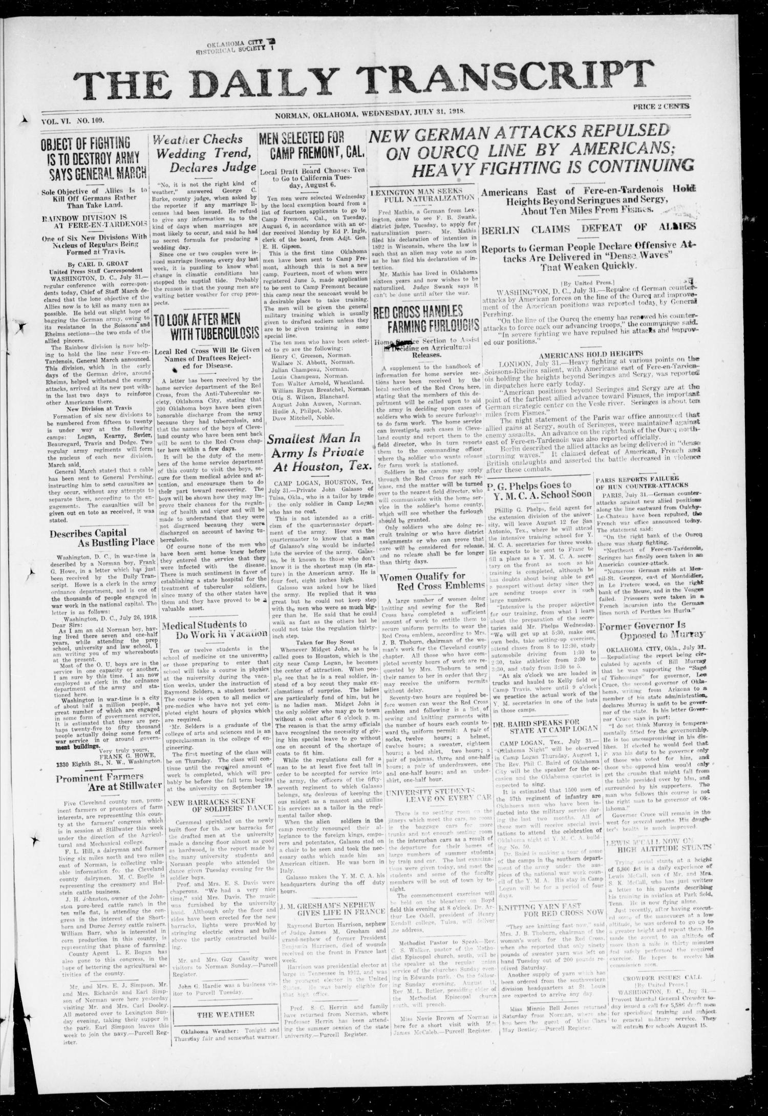 The Daily Transcript  (Norman, Okla.), Vol. 6, No. 109, Ed. 1 Wednesday, July 31, 1918
                                                
                                                    [Sequence #]: 1 of 4
                                                