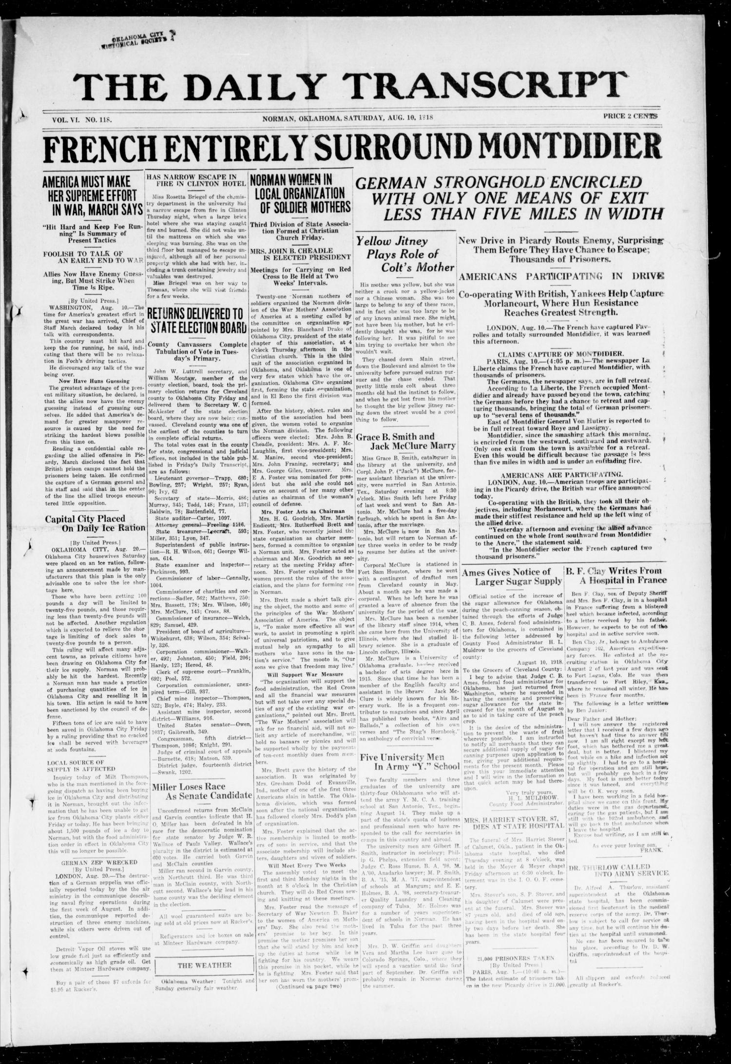 The Daily Transcript  (Norman, Okla.), Vol. 6, No. 118, Ed. 1 Saturday, August 10, 1918
                                                
                                                    [Sequence #]: 1 of 4
                                                