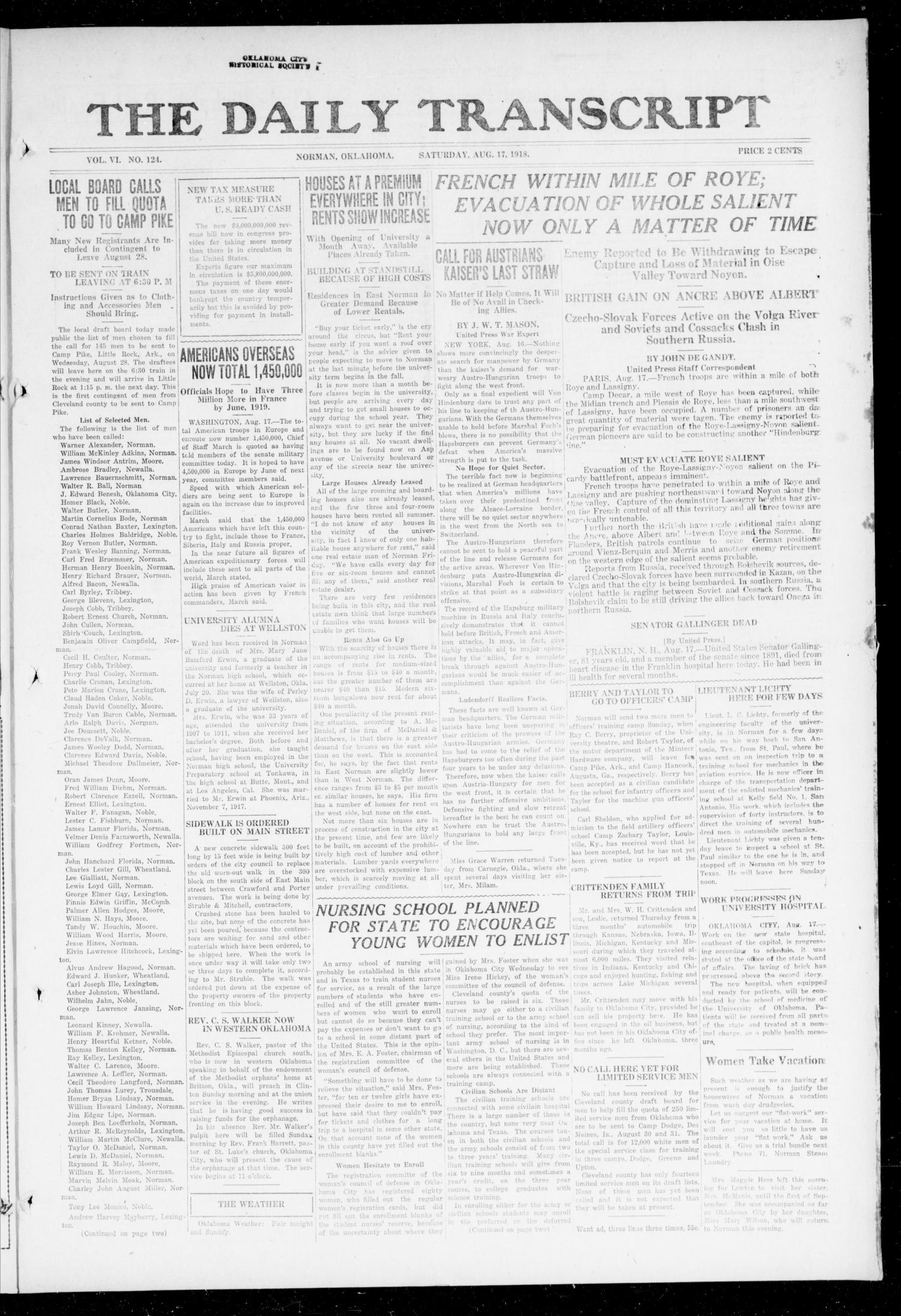 The Daily Transcript  (Norman, Okla.), Vol. 6, No. 124, Ed. 1 Saturday, August 17, 1918
                                                
                                                    [Sequence #]: 1 of 4
                                                