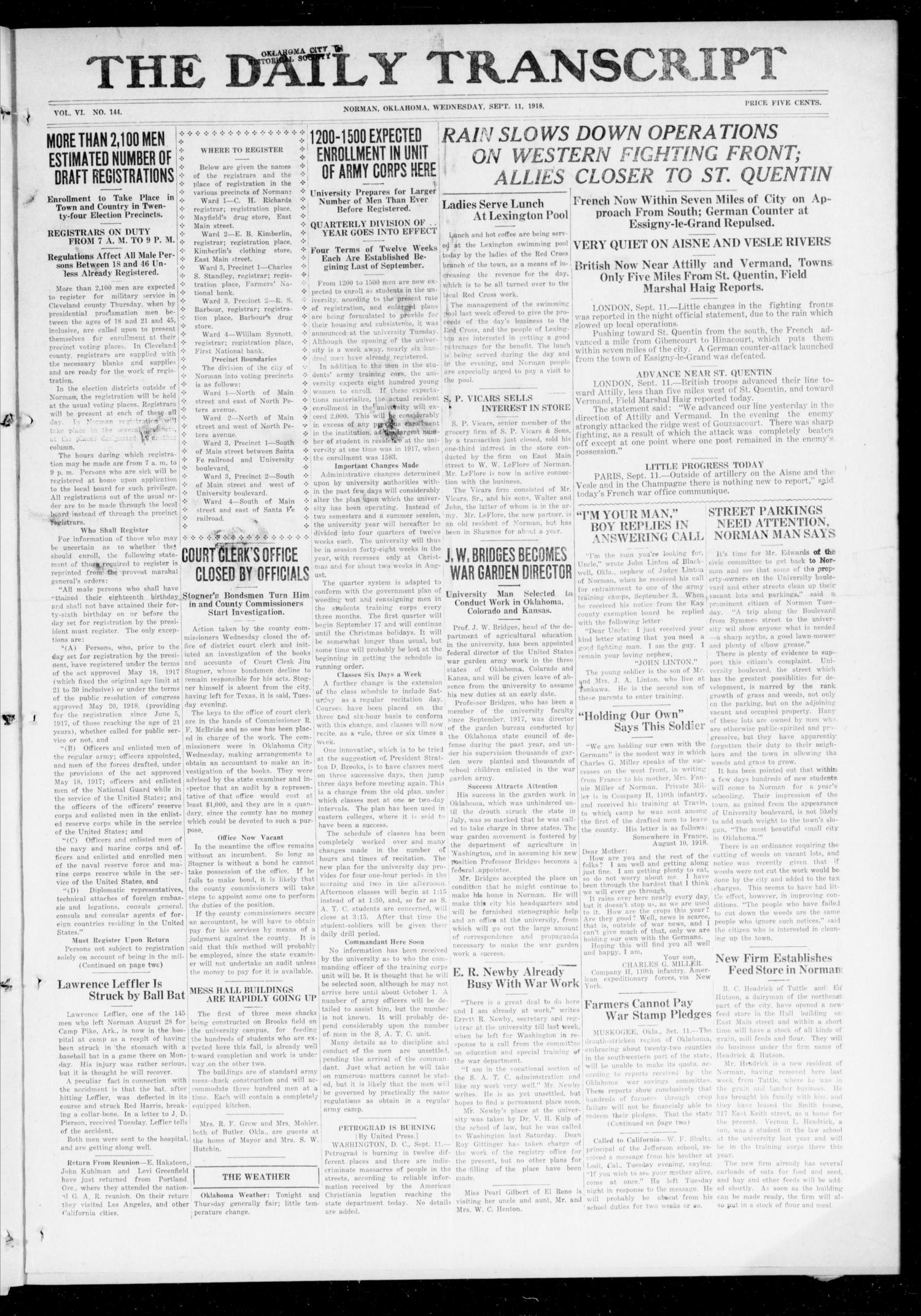 The Daily Transcript  (Norman, Okla.), Vol. 6, No. 144, Ed. 1 Wednesday, September 11, 1918
                                                
                                                    [Sequence #]: 1 of 4
                                                