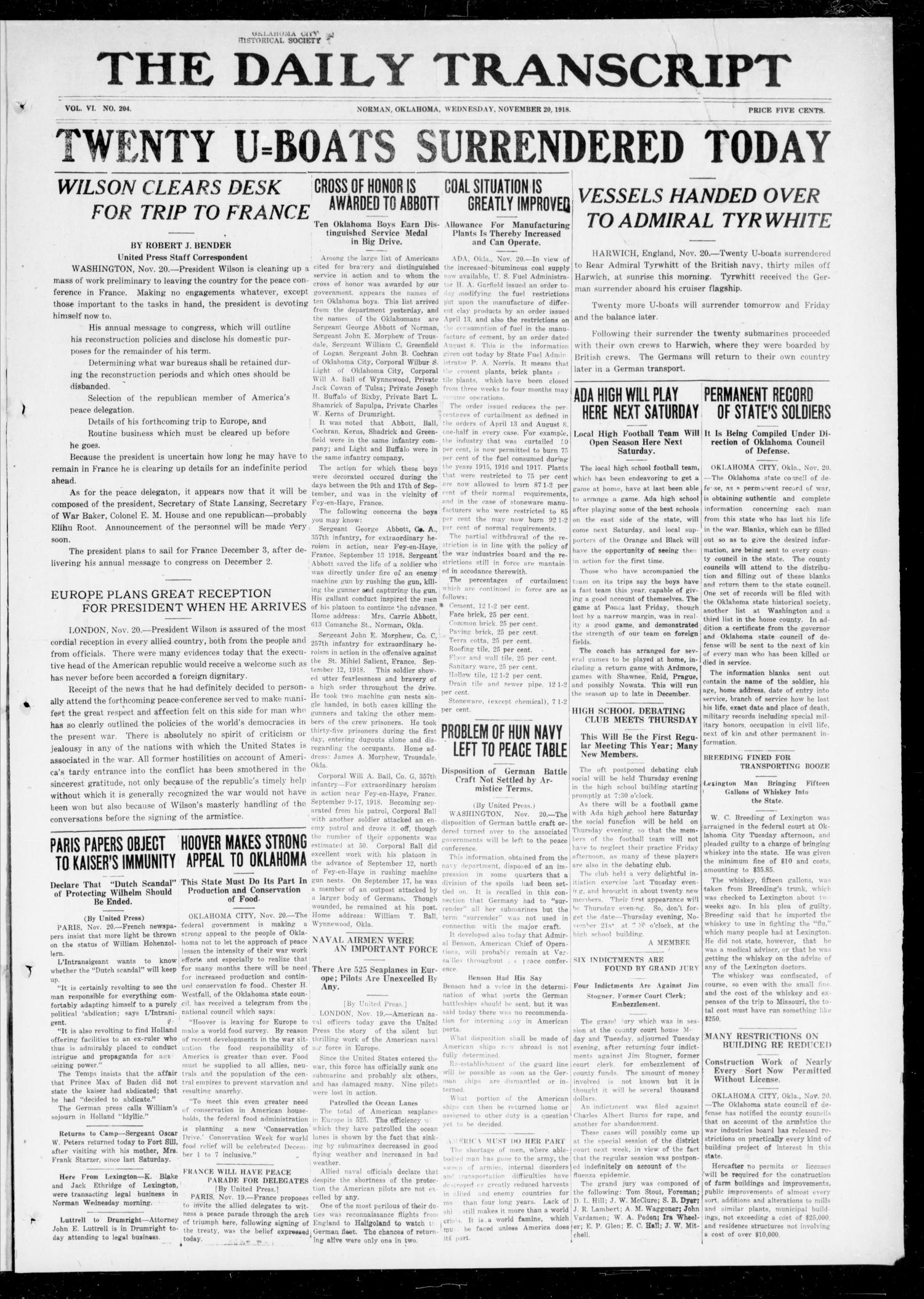The Daily Transcript  (Norman, Okla.), Vol. 6, No. 204, Ed. 1 Wednesday, November 20, 1918
                                                
                                                    [Sequence #]: 1 of 4
                                                