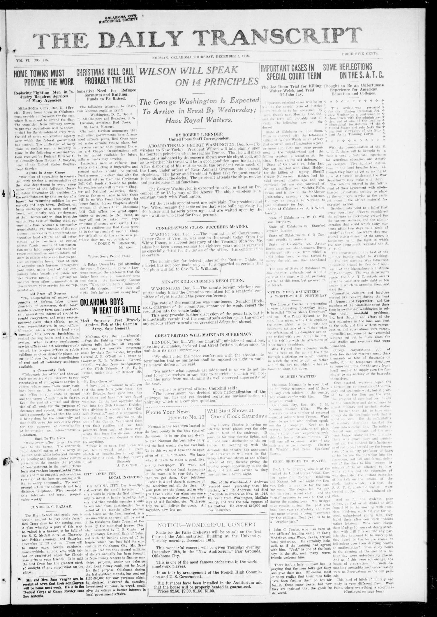 The Daily Transcript  (Norman, Okla.), Vol. 6, No. 216, Ed. 1 Thursday, December 5, 1918
                                                
                                                    [Sequence #]: 1 of 4
                                                