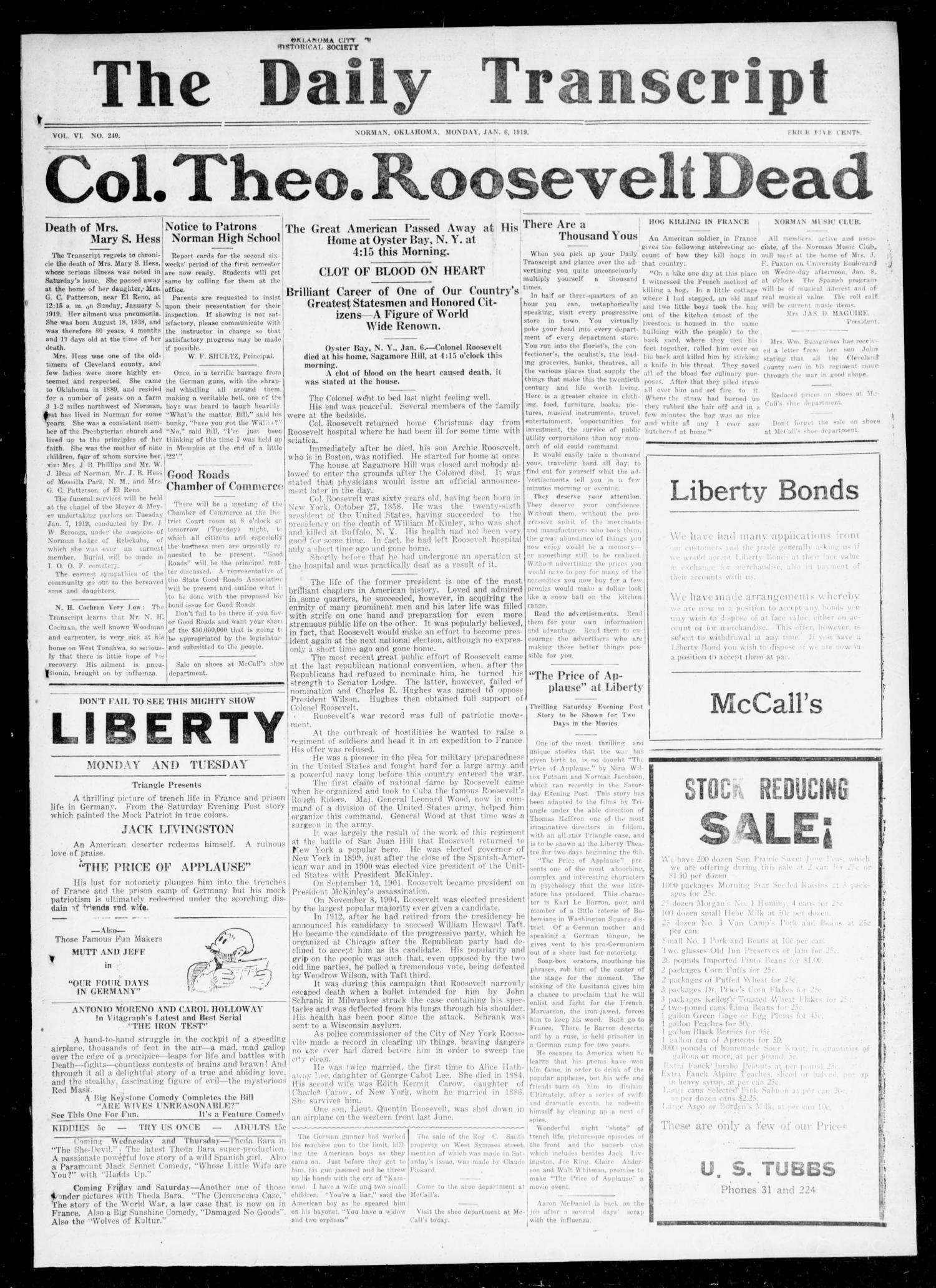 The Daily Transcript  (Norman, Okla.), Vol. 6, No. 240, Ed. 1 Monday, January 6, 1919
                                                
                                                    [Sequence #]: 1 of 4
                                                