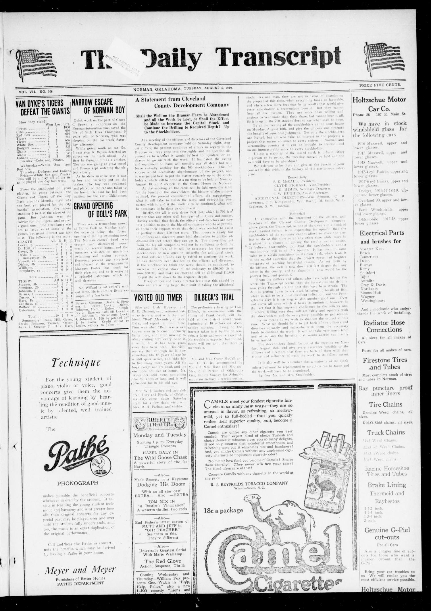 The Daily Transcript  (Norman, Okla.), Vol. 7, No. 108, Ed. 1 Tuesday, August 5, 1919
                                                
                                                    [Sequence #]: 1 of 4
                                                