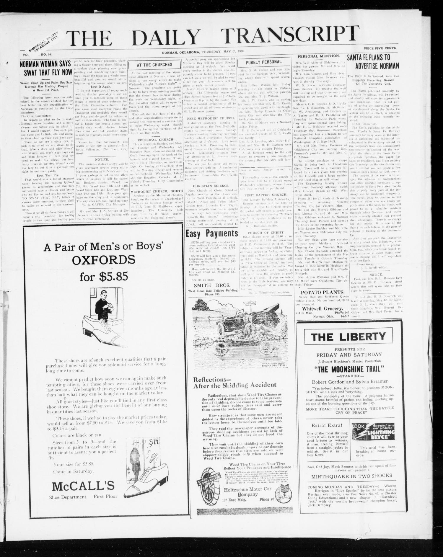 The Daily Transcript  (Norman, Okla.), Vol. 8, No. 14, Ed. 1 Friday, May 7, 1920
                                                
                                                    [Sequence #]: 1 of 4
                                                