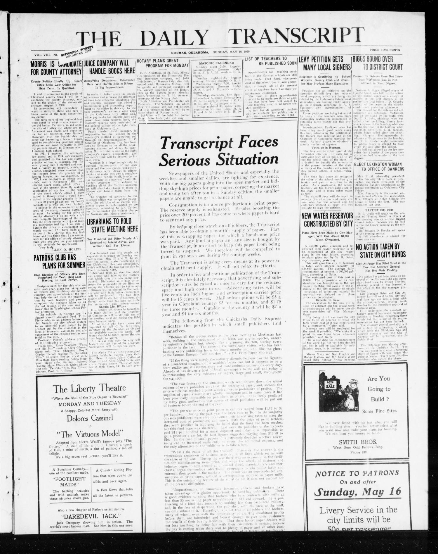 The Daily Transcript  (Norman, Okla.), Vol. 8, No. 21, Ed. 1 Sunday, May 16, 1920
                                                
                                                    [Sequence #]: 1 of 6
                                                