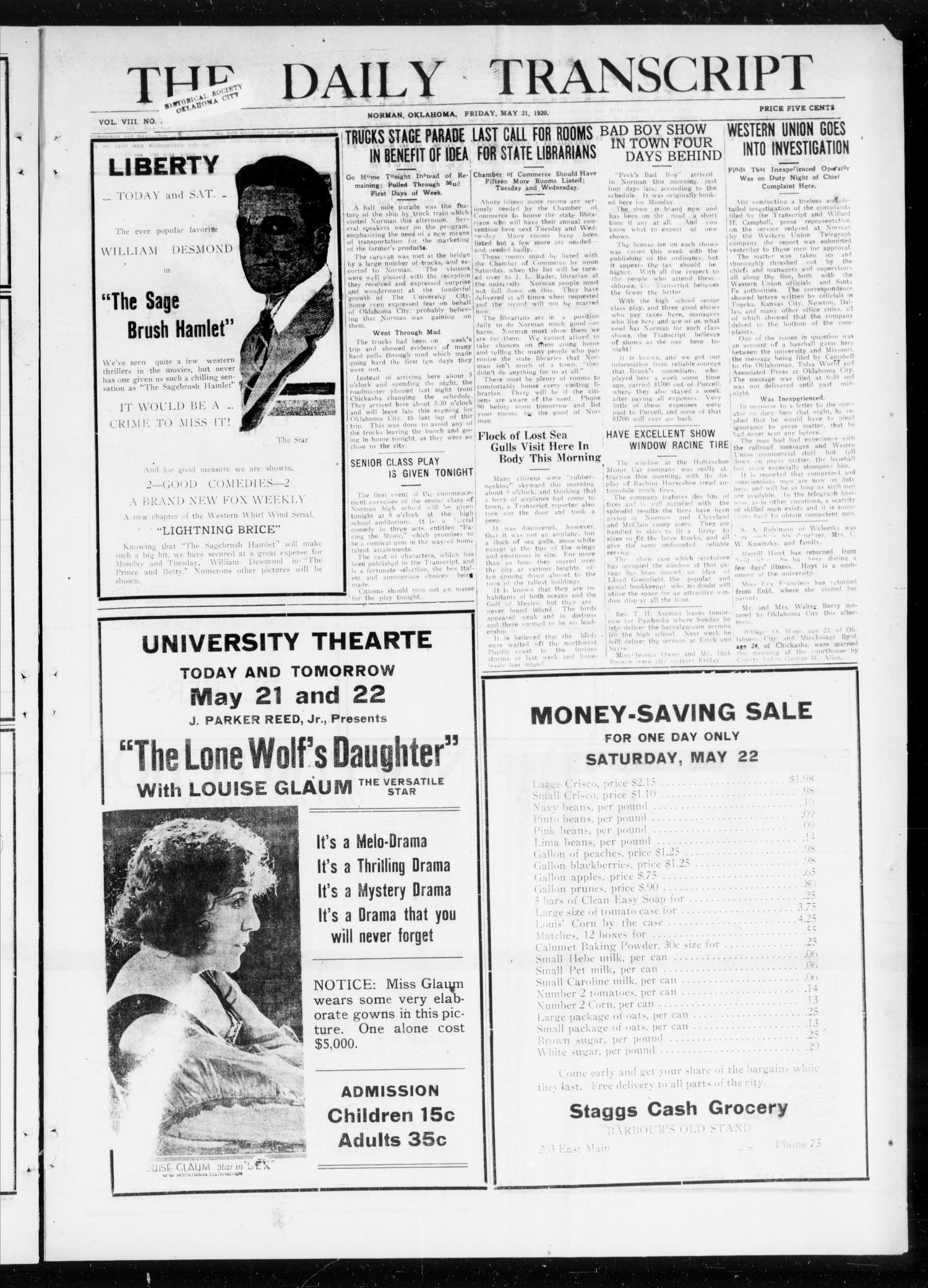 The Daily Transcript  (Norman, Okla.), Vol. 8, No. 26, Ed. 1 Friday, May 21, 1920
                                                
                                                    [Sequence #]: 1 of 4
                                                