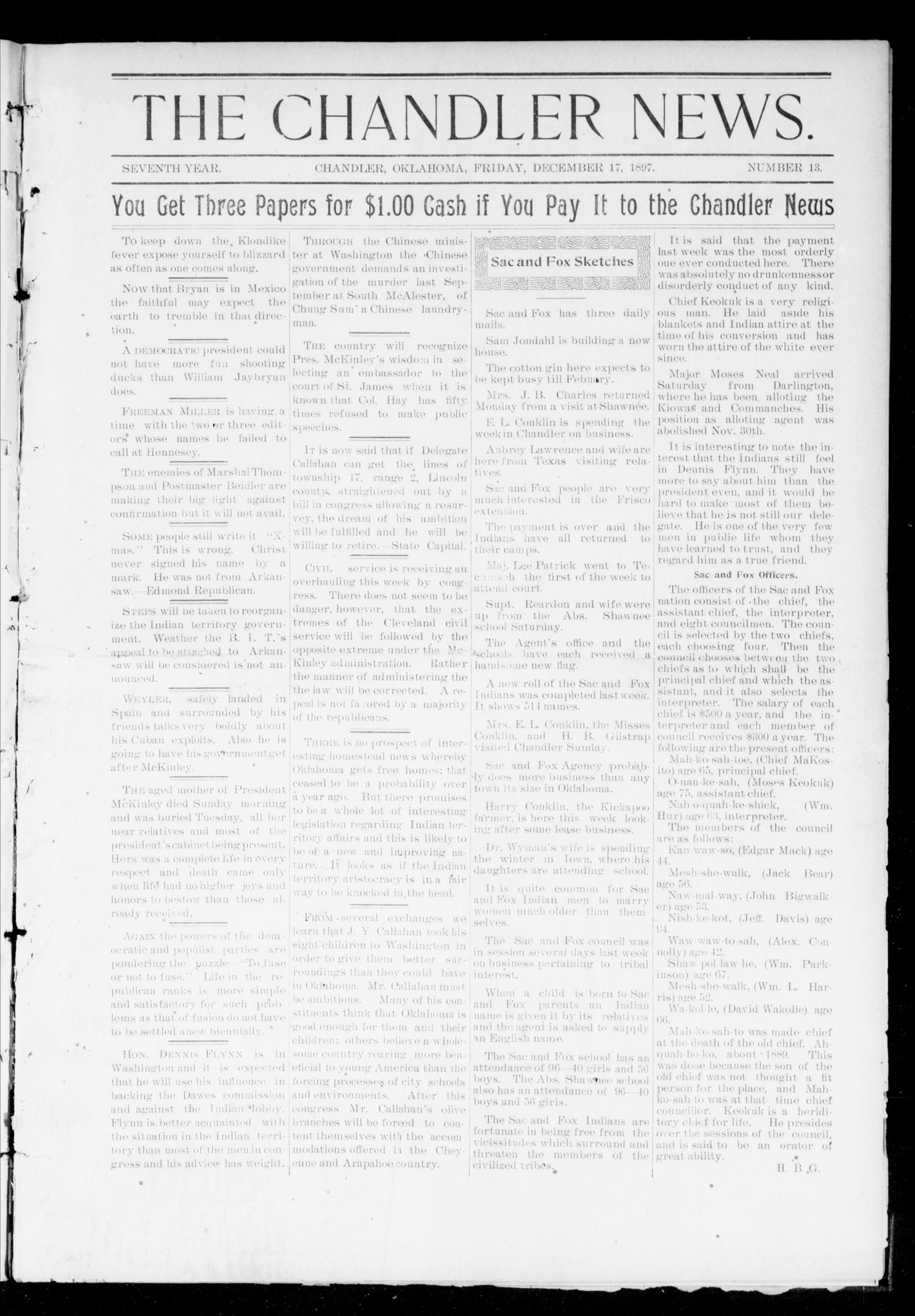 The Chandler News. (Chandler, Okla.), Vol. 7, No. 13, Ed. 1 Friday, December 17, 1897
                                                
                                                    [Sequence #]: 1 of 5
                                                