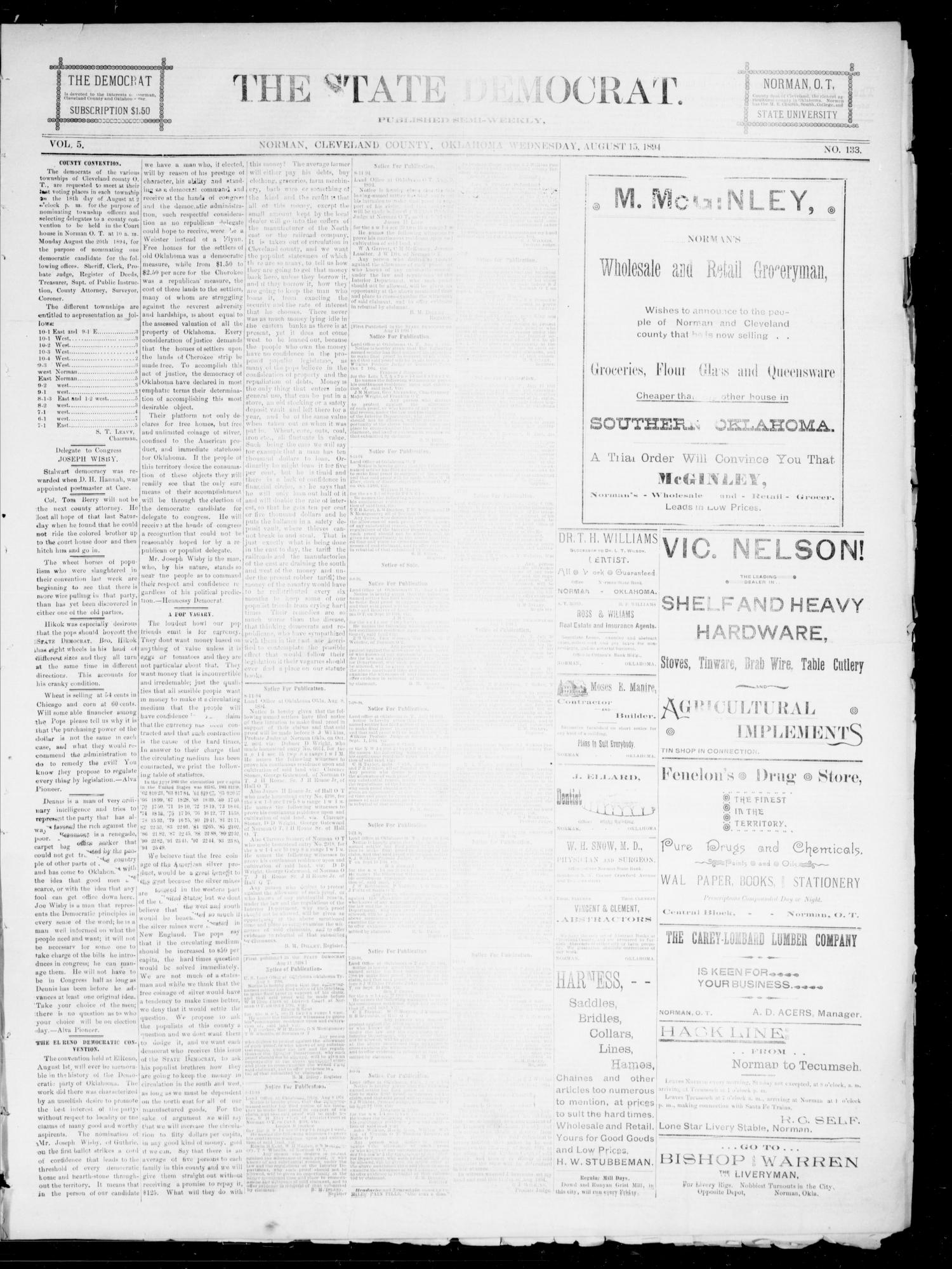 The State Democrat. (Norman, Okla.), Vol. 5, No. 133, Ed. 1 Wednesday, August 15, 1894
                                                
                                                    [Sequence #]: 1 of 4
                                                