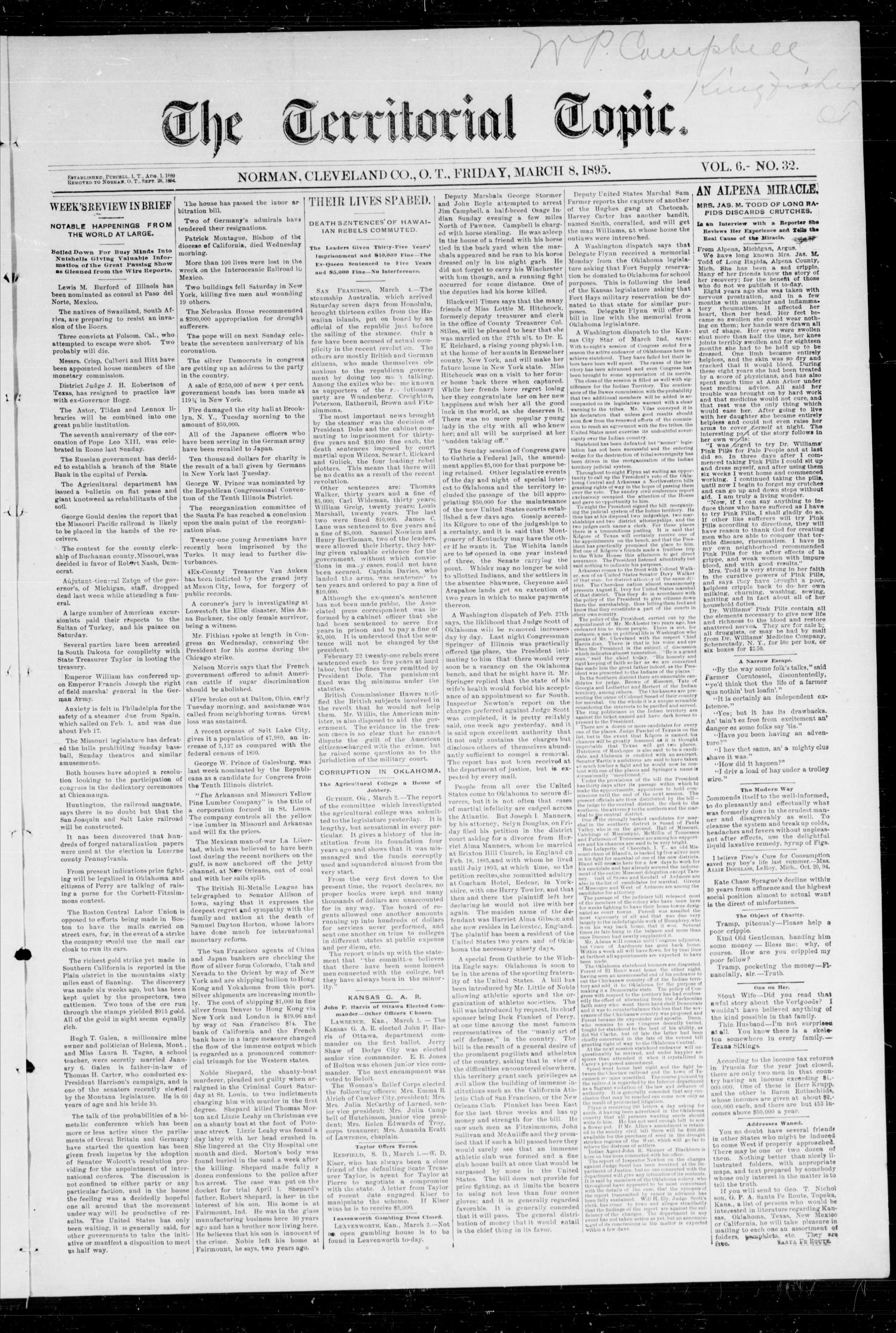 The Territorial Topic. (Norman, Okla. Terr.), Vol. 6, No. 32, Ed. 1 Friday, March 8, 1895
                                                
                                                    [Sequence #]: 1 of 6
                                                