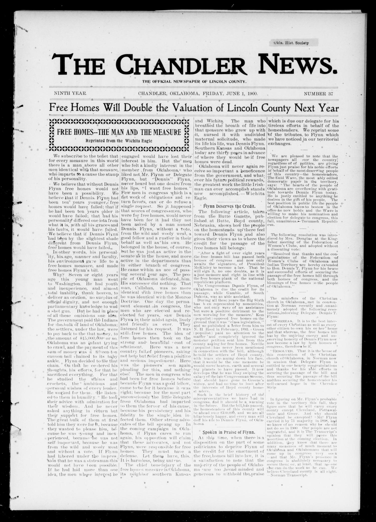 The Chandler News. (Chandler, Okla.), Vol. 9, No. 37, Ed. 1 Friday, June 1, 1900
                                                
                                                    [Sequence #]: 1 of 12
                                                