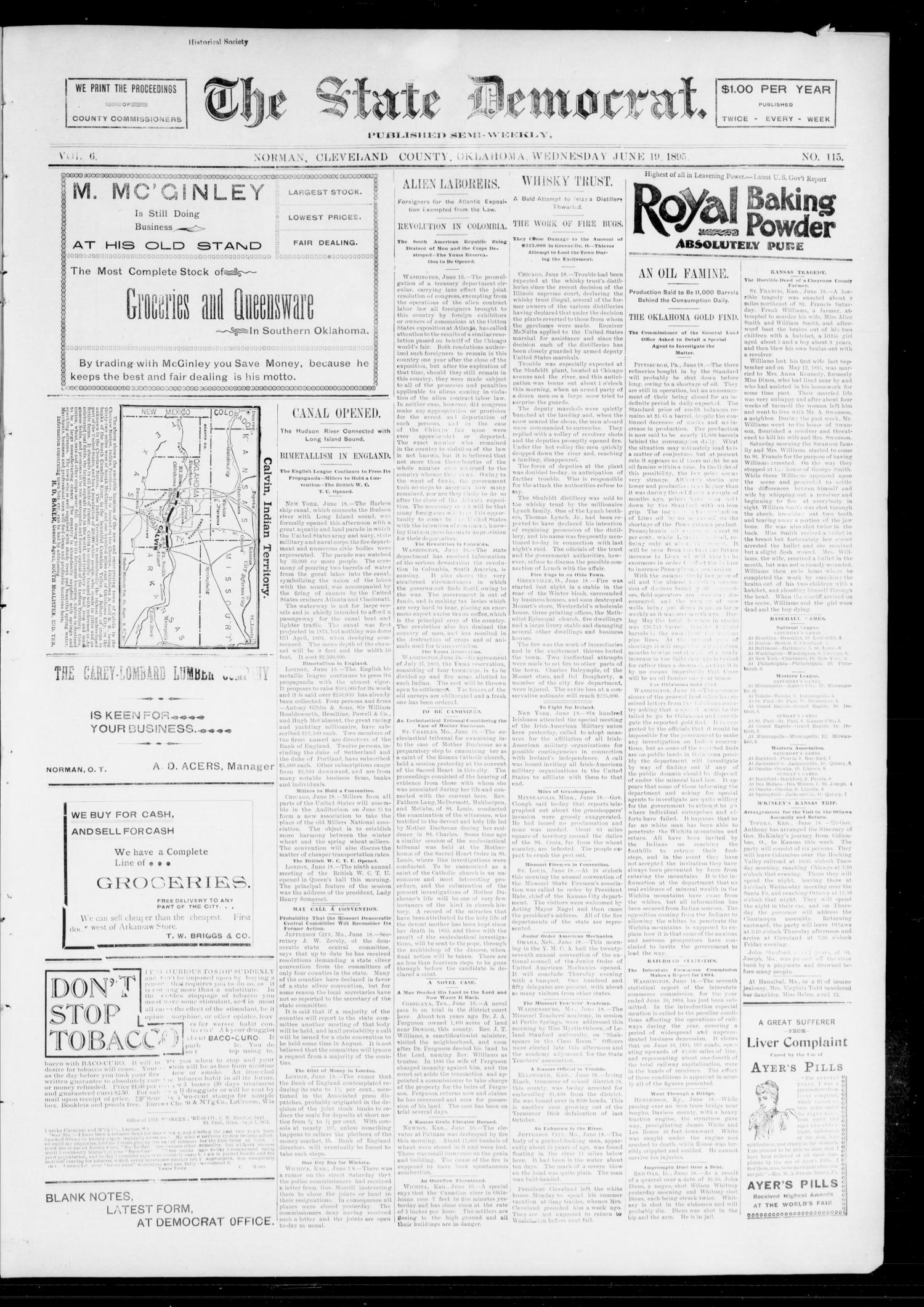 The State Democrat. (Norman, Okla.), Vol. 6, No. 115, Ed. 1 Wednesday, June 19, 1895
                                                
                                                    [Sequence #]: 1 of 4
                                                