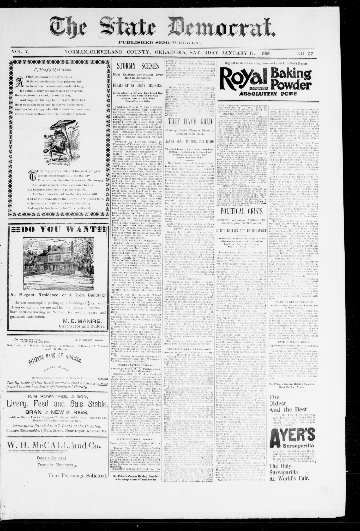 The State Democrat. (Norman, Okla.), Vol. 7, No. 52, Ed. 1 Saturday, January 11, 1896
                                                
                                                    [Sequence #]: 1 of 4
                                                