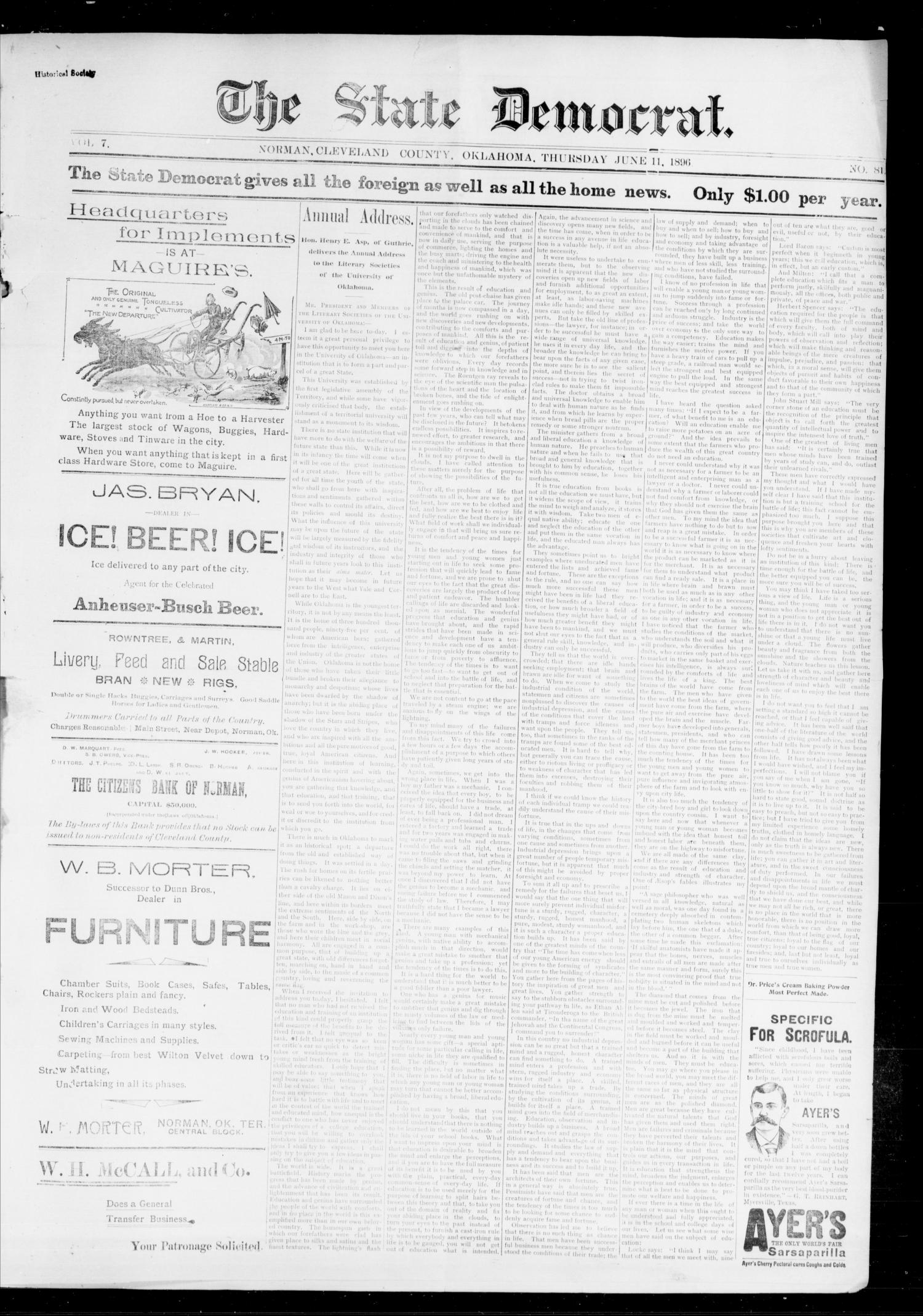 The State Democrat. (Norman, Okla.), Vol. 7, No. 81, Ed. 1 Thursday, June 11, 1896
                                                
                                                    [Sequence #]: 1 of 4
                                                
