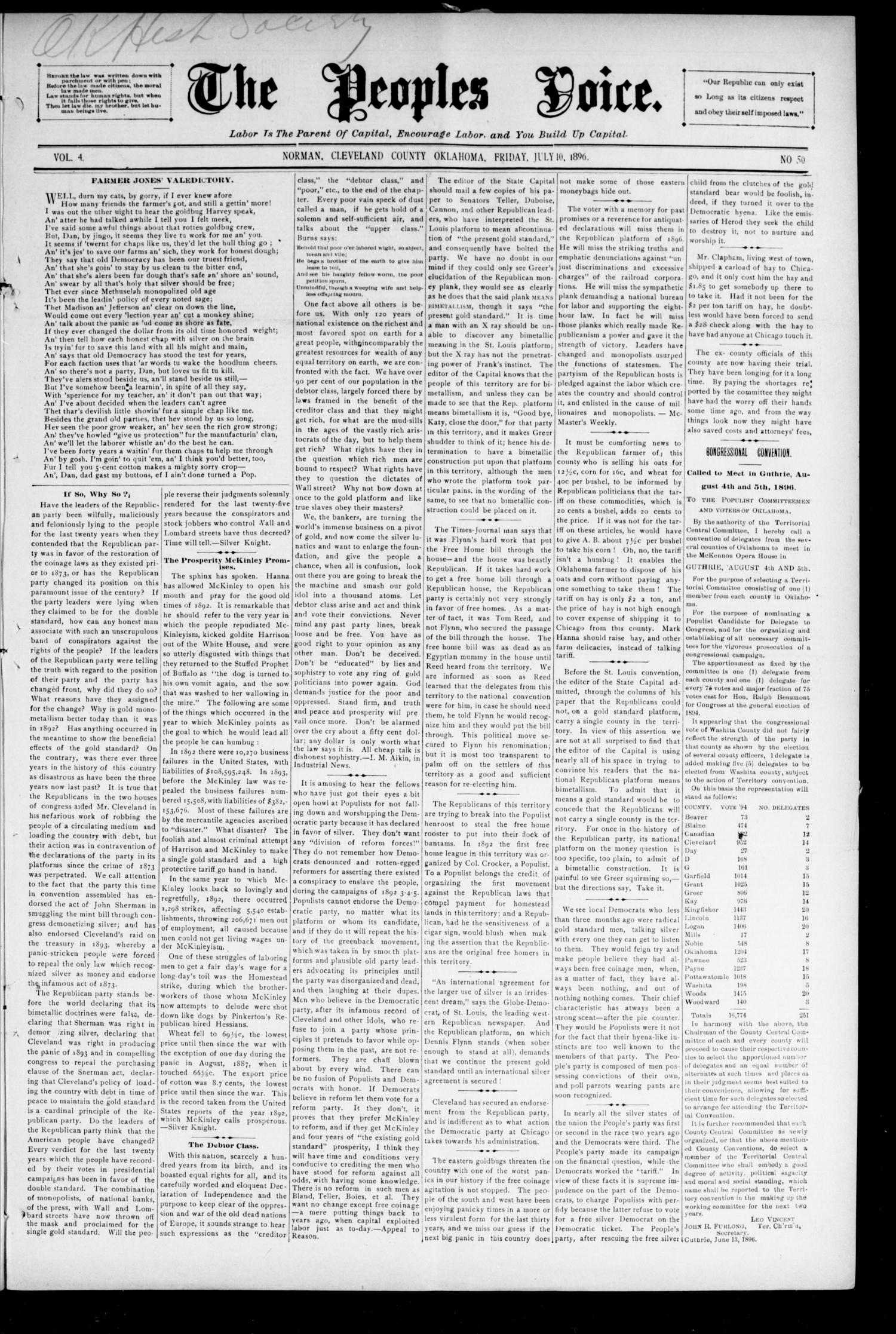 The Peoples Voice. (Norman, Okla.), Vol. 4, No. 50, Ed. 1 Friday, July 10, 1896
                                                
                                                    [Sequence #]: 1 of 8
                                                