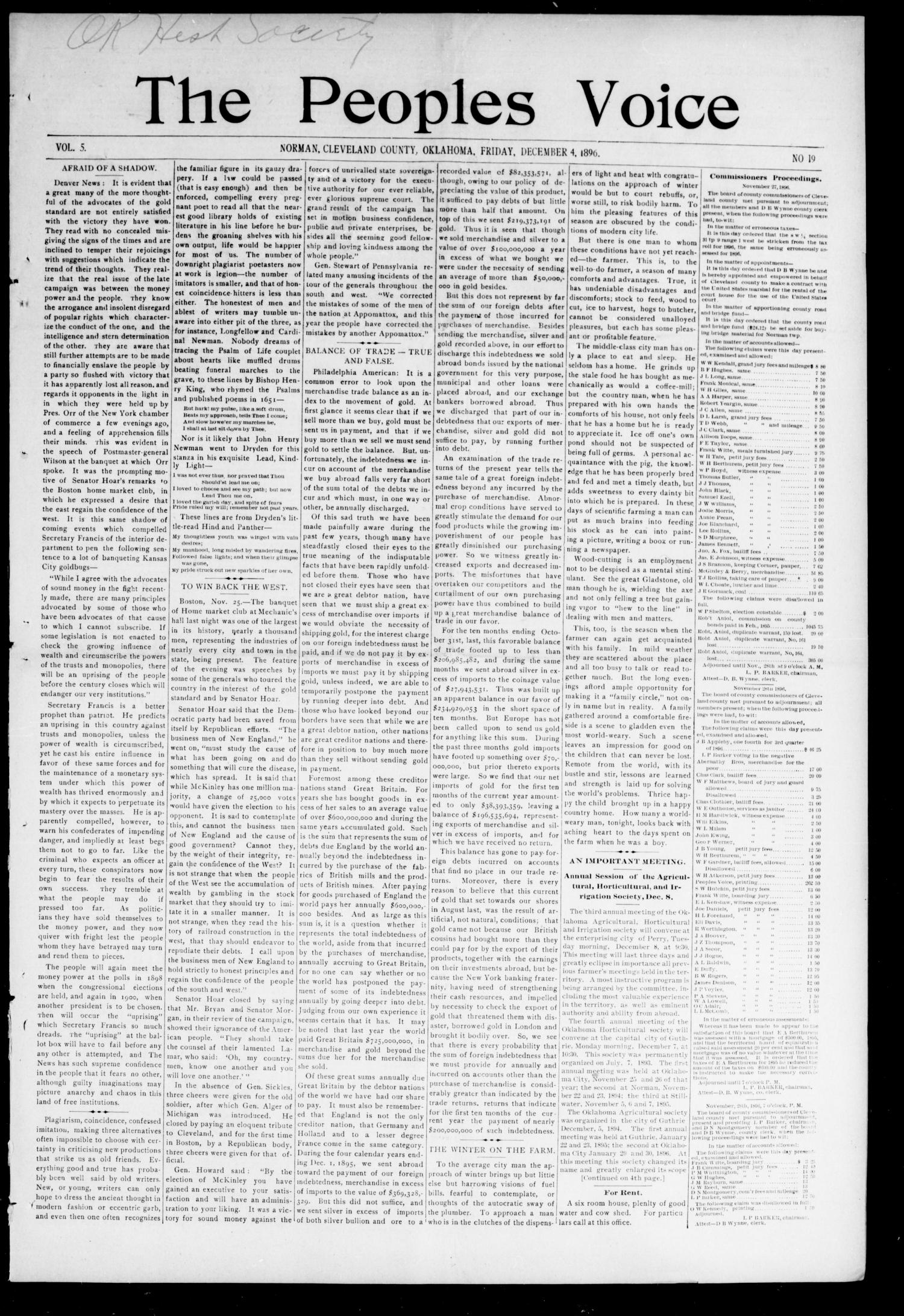 The Peoples Voice (Norman, Okla.), Vol. 5, No. 19, Ed. 1 Friday, December 4, 1896
                                                
                                                    [Sequence #]: 1 of 8
                                                