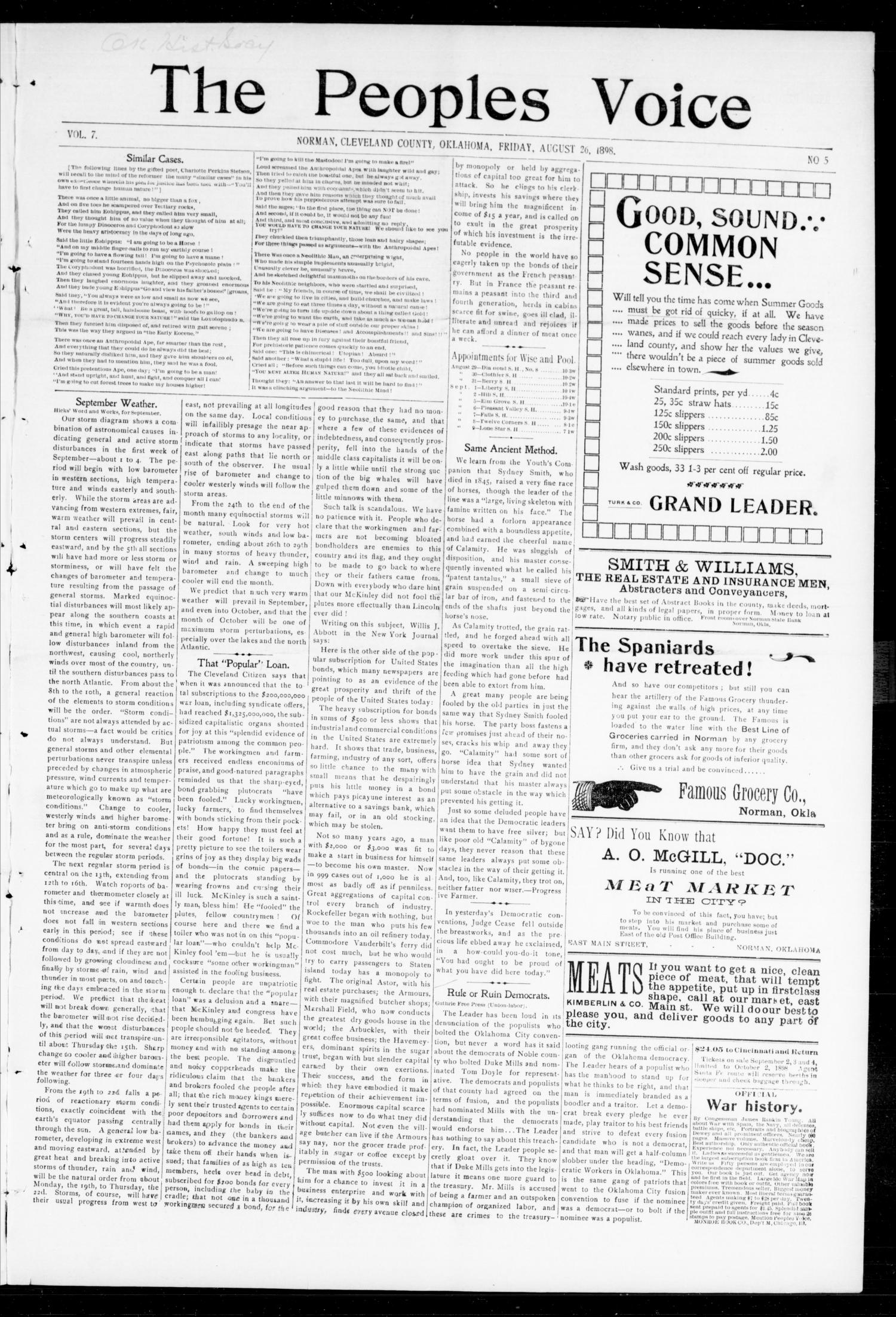 The Peoples Voice (Norman, Okla.), Vol. 7, No. 5, Ed. 1 Friday, August 26, 1898
                                                
                                                    [Sequence #]: 1 of 8
                                                