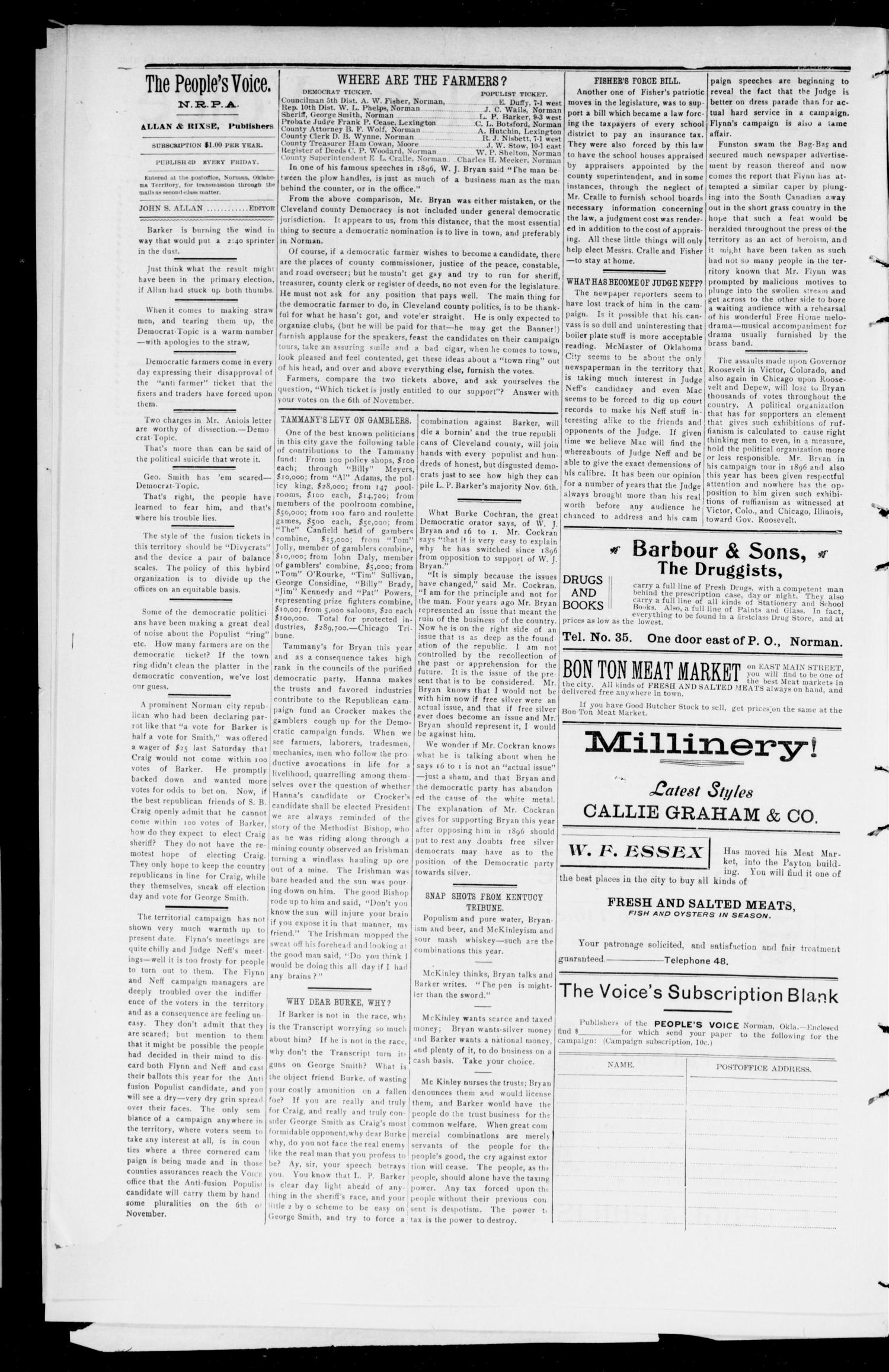 The Peoples Voice (Norman, Okla.), Vol. 9, No. 12, Ed. 1 Friday, October 12, 1900
                                                
                                                    [Sequence #]: 2 of 8
                                                